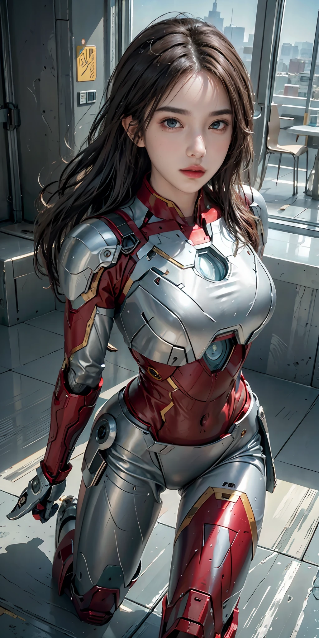 RAW, masterpiece, ultra fine photography,, best quality, ultra high definition, photorealistic, sunlight, full body portrait, stunningly beautiful, combat pose, delicate face, brilliant eyes, (front view,full body), she wears futuristic Iron Man mech, blue and yellow and green color scheme, (Iron Man destroyed on the floor), detailed face, detailed and complex busy background, messy and gorgeous, rich plump breasts, High Detail Skin, Realistic Skin Details, Visible Pore, Sharp Focus, Volumetric Fog, 8K UHD, DSLR Camera, High Quality, Film Grain, Fair Skin, Photorealism, Lomography, View from Below, Translucent