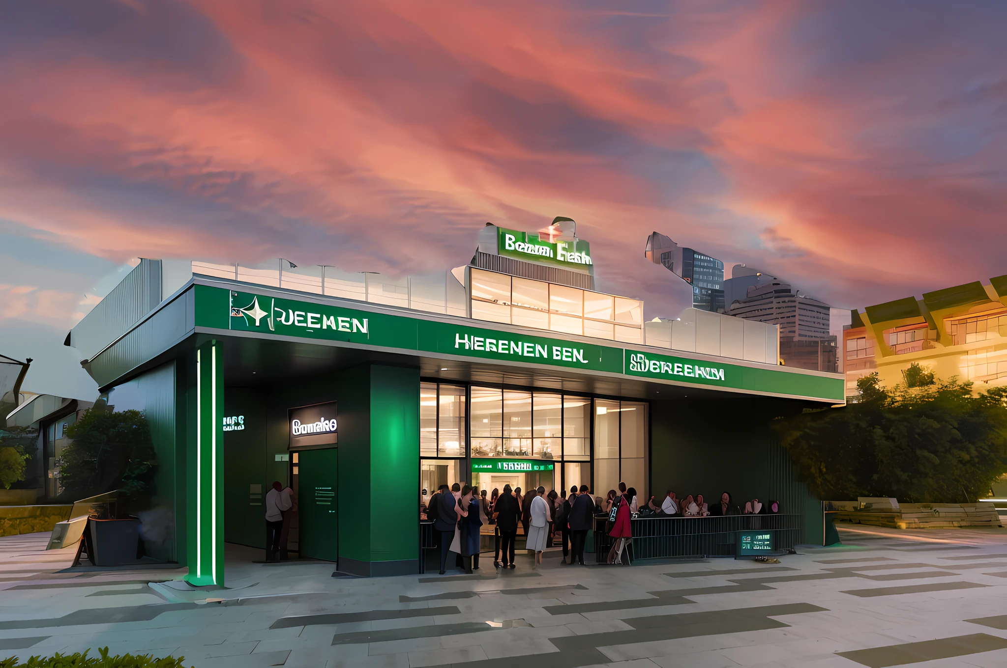 "Design renderings of the Heineken brand exhibition hall,200㎡,Modern and trendy, international style,Incorporate elements of young fashion trends。There is a large beer bottle art installation at the gate,Blue light。"