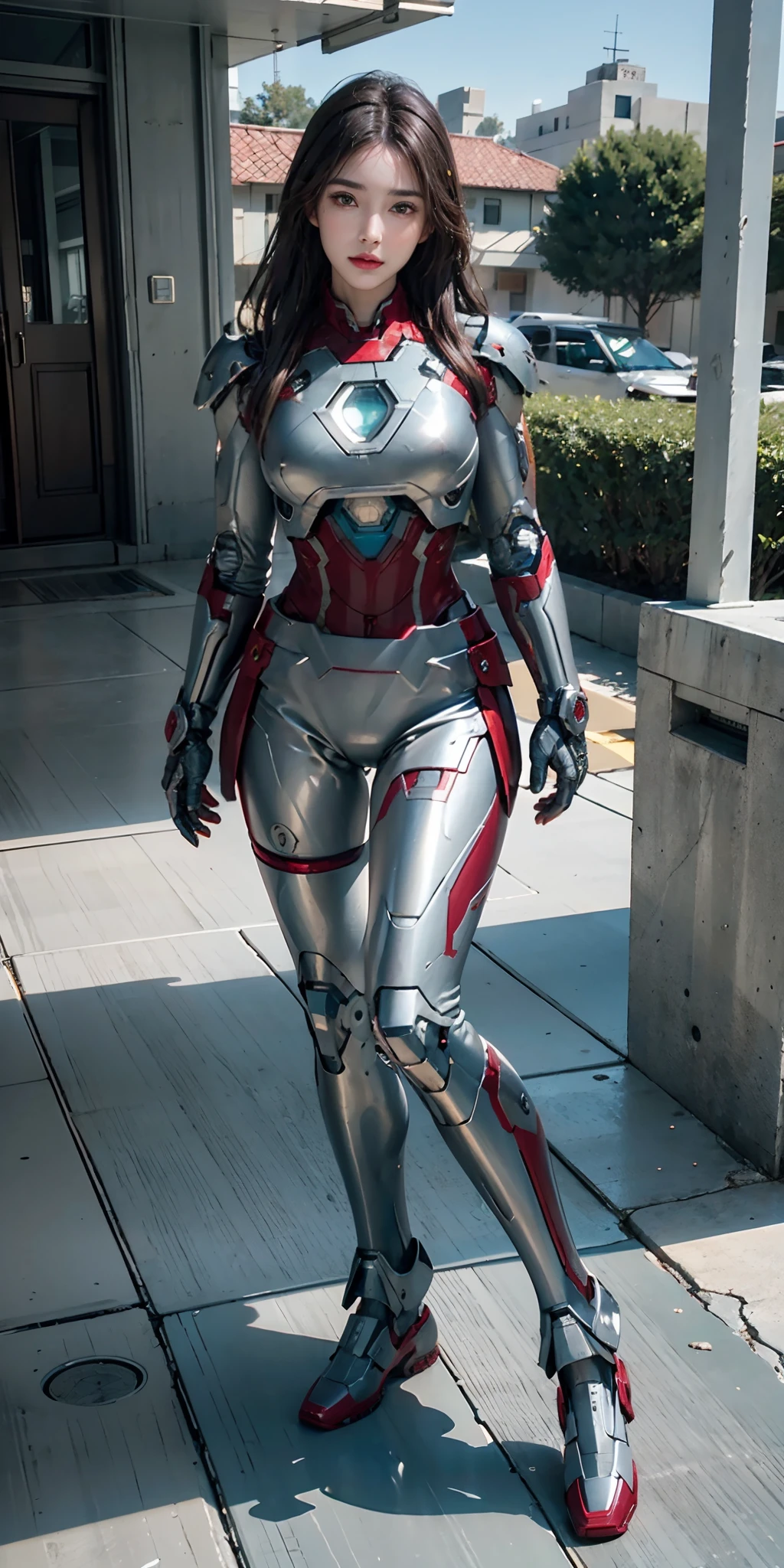 RAW, masterpiece, ultra fine photography,, best quality, ultra high definition, photorealistic, sunlight, full body portrait, stunningly beautiful, combat pose, delicate face, brilliant eyes, (front view,full body), she wears futuristic Iron Man mech, blue and yellow and green color scheme, (Iron Man destroyed on the floor), detailed face, detailed and complex busy background, messy and gorgeous, rich plump breasts, High Detail Skin, Realistic Skin Details, Visible Pore, Sharp Focus, Volumetric Fog, 8K UHD, DSLR Camera, High Quality, Film Grain, Fair Skin, Photorealism, Lomography, View from Below, Translucent