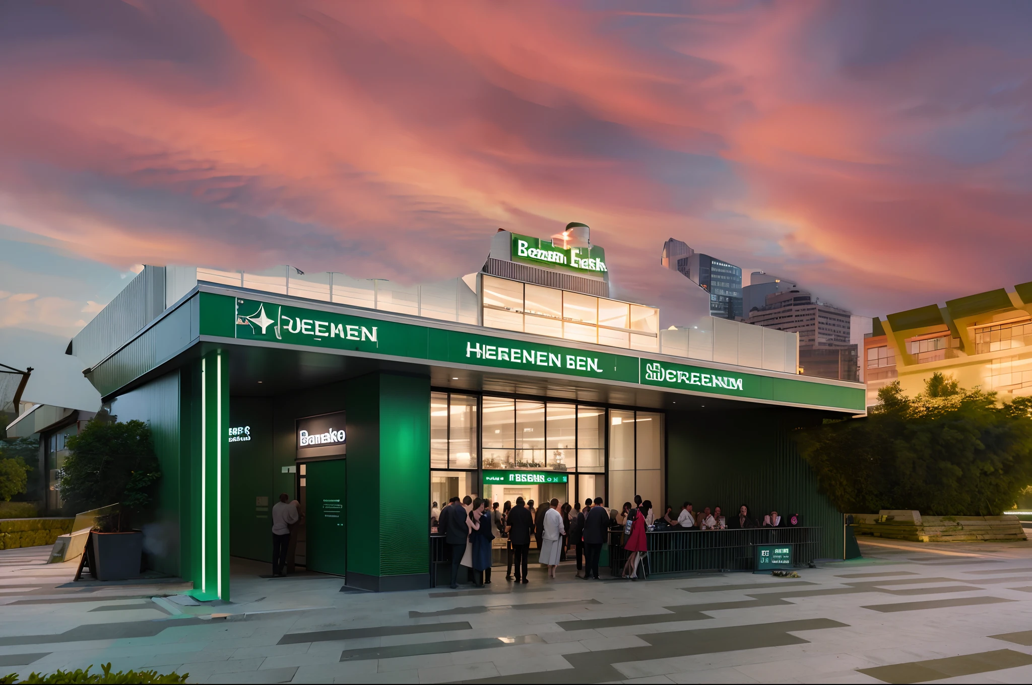 "Design renderings of the Heineken brand exhibition hall，200㎡，Modern and trendy, international style，Incorporate elements of young fashion trends。There is a large beer bottle art installation at the gate，Blue light。"