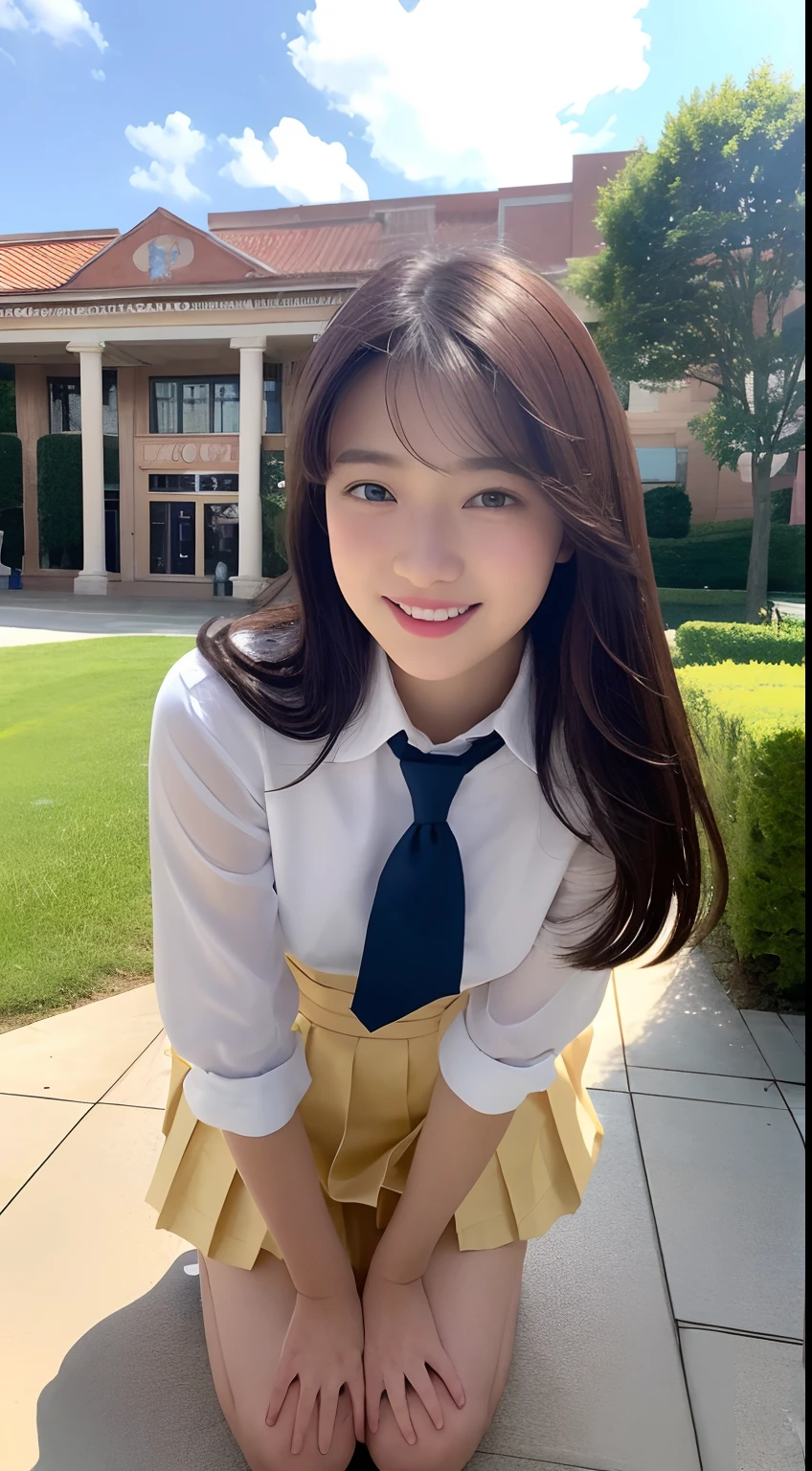 Very detailed 8k wallpaper)、foco nítido、in detail、Drama、Delicate and beautiful schoolgirl、sixteen years old、Light sheer shirt、a short skirt、ligh brown hair、hair adornments、Beautiful and sexy、A smile、独奏、Beautiful graphics、Bright school building、Full of students、crouching down、