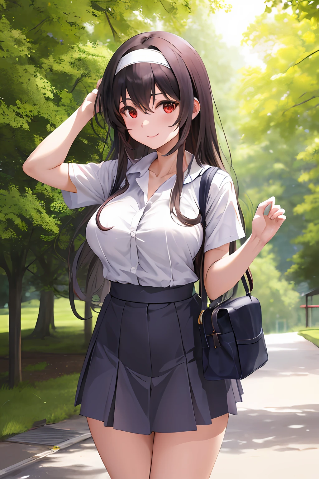 masterpiece, best quality, highres, kasumigaoka utaha, 1girl, long hair, black hair, hairband, red eyes, long legs, breasts, bangs, large breasts, high-waist skirt, white shirt, short sleeves, outdoors, bag, smile,