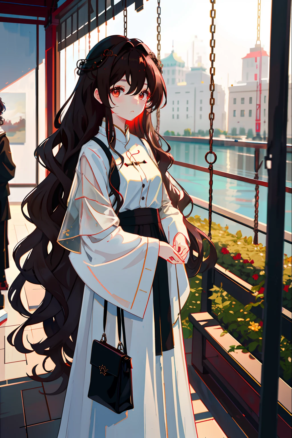 2. The character：Zhixia wears an off-white simple and elegant outfit，Stand in the art gallery，Big wavy curls of dark brown swing gently on the shoulders，She carefully observes each piece of art，The eyes flashed with admiration and appreciation。