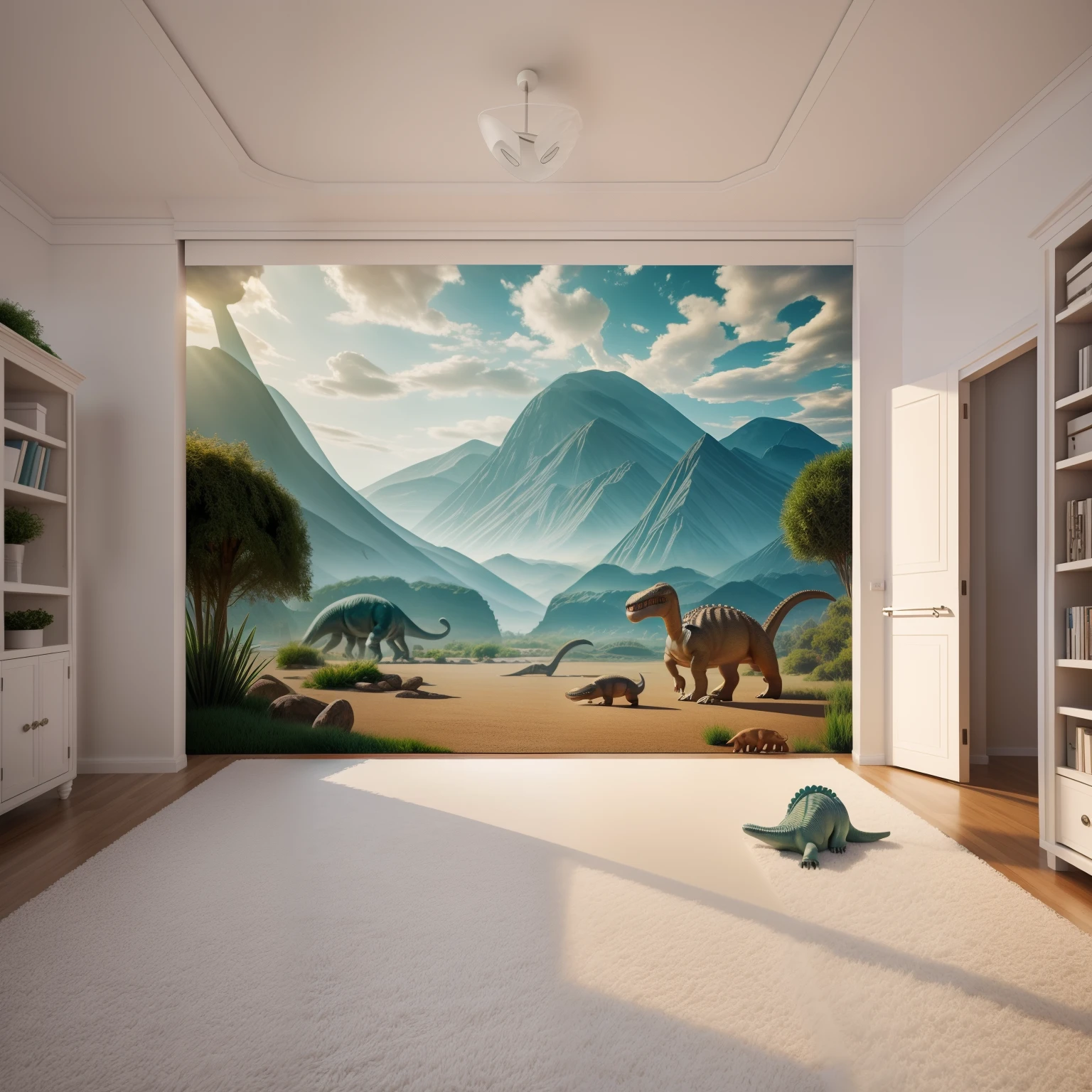 Simple indoor scene, There are dinosaur dolls on both sides of the picture, White carpet, Surrealism, wide shot, panorama, UHD, high details, high quality, highres, best quality, 8k