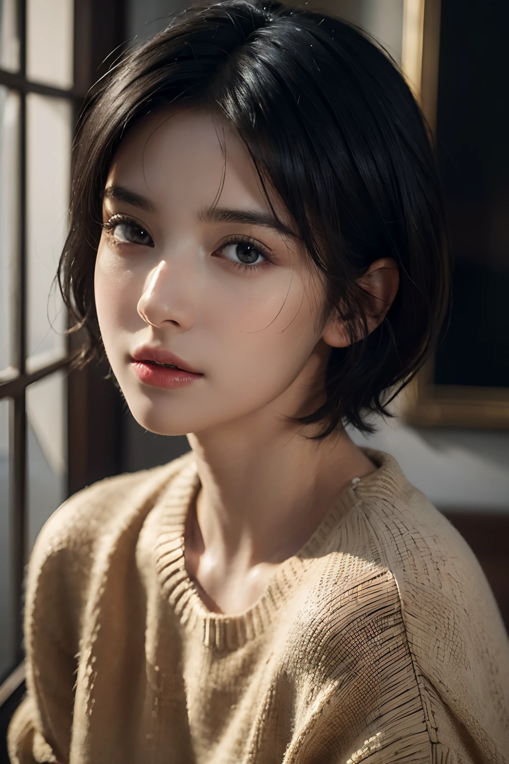 (masterpiece:1.3), (8k, photorealistic, RAW photo, best quality: 1.4), (1girl), beautiful face, (realistic face), (black hair, short hair:1.3), beautiful hairstyle, realistic eyes, beautiful detailed eyes, (realistic skin), beautiful skin, (sweater), absurdres, attractive, ultra high res, ultra realistic, highly detailed, golden ratio