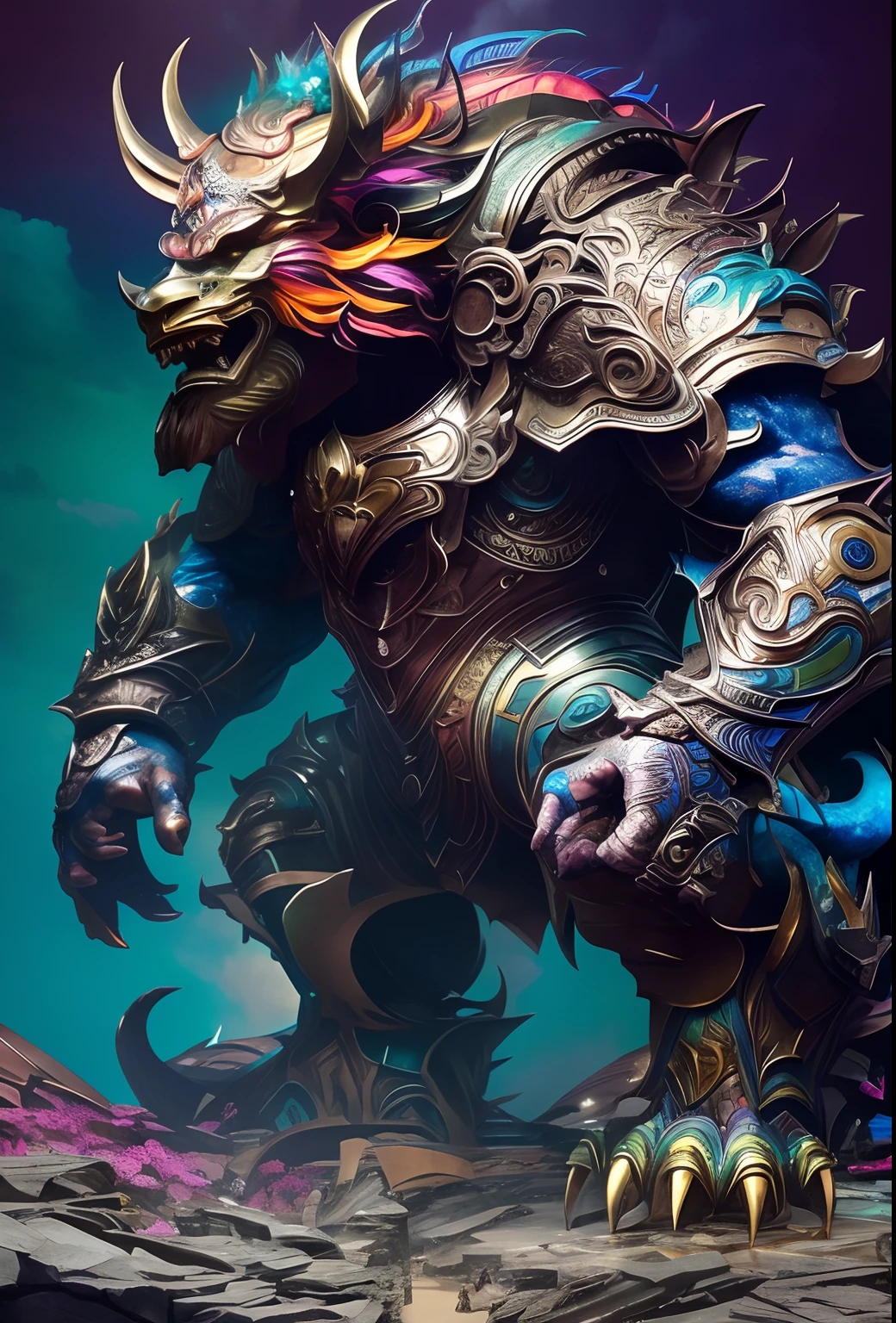 Colorful, rainbow background, a close up of a statue of a monster with a large head, hyperdetailed fantasy character, cgsociety and fenghua zhong, highly detailed fantasy art, feng zhu concept art, by Yang J, detailed fantasy art, intricate wlop, by Shen Zhou, artstation concept art, zbrush central contest winner, highly detailed cgsociety