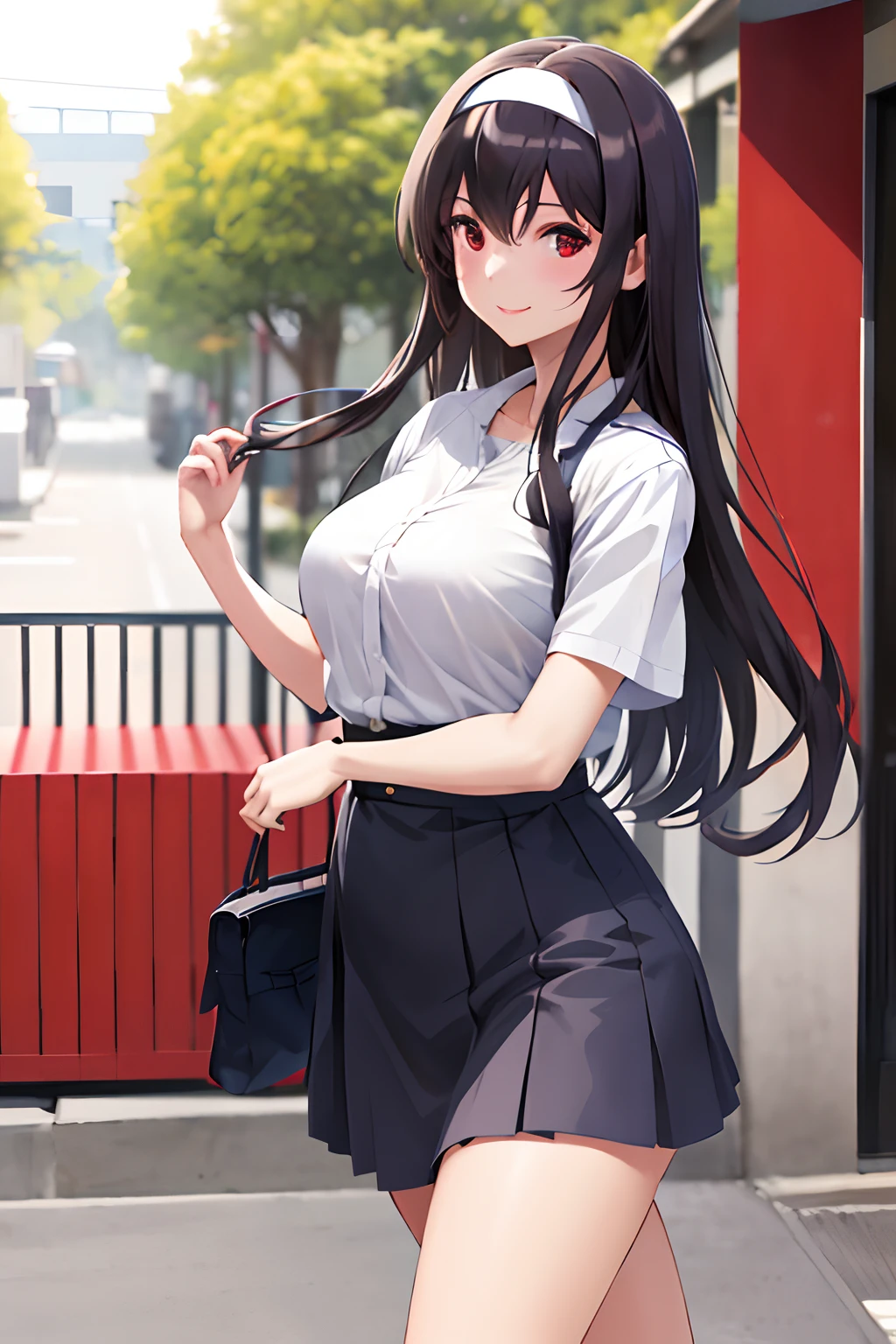 masterpiece, best quality, highres, kasumigaoka utaha, 1girl, long hair, black hair, hairband, red eyes, long legs, breasts, bangs, large breasts, high-waist skirt, white shirt, short sleeves, outdoors, bag, smile,