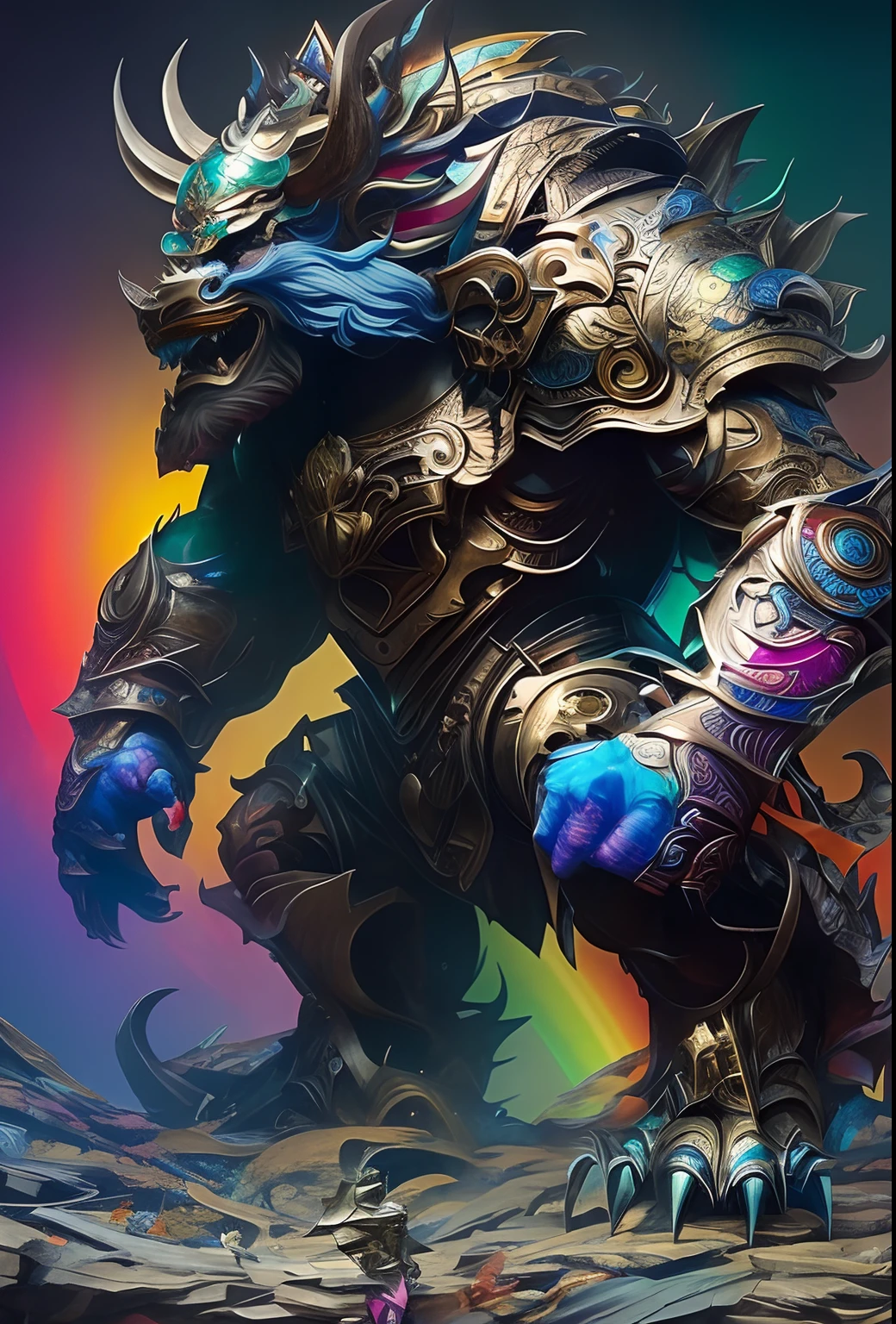 Colorful, rainbow background, a close up of a statue of a monster with a large head, hyperdetailed fantasy character, cgsociety and fenghua zhong, highly detailed fantasy art, feng zhu concept art, by Yang J, detailed fantasy art, intricate wlop, by Shen Zhou, artstation concept art, zbrush central contest winner, highly detailed cgsociety