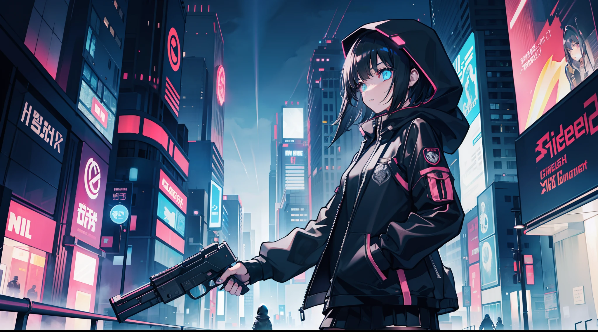 teens girl，Mechanical body，Hooded sweatshirt，with short black hair，Long knives，rifles，with light glowing，metalictexture，Rich in detail，City of Steel，cyber punk perssonage，Staggered buildings，the street lights，Parallel perspective