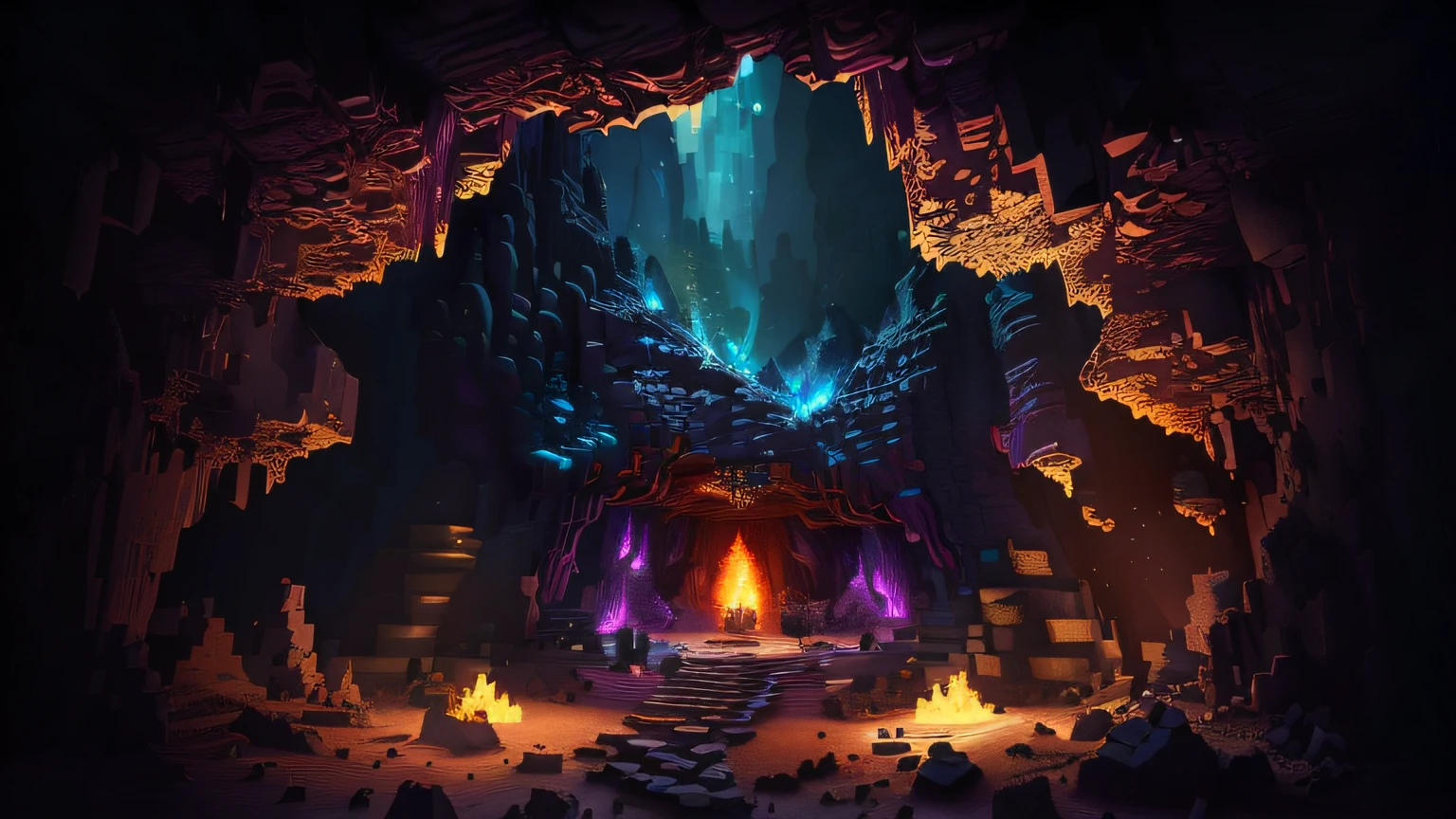 minecraft a closeup of a cave with a fire inside it, Glowing Cave Stones, Glowing Crystal Cave, Magic Cave, Beautiful Fantasy Cave Scene, Background Art, Dan Mumford. Mayan rendering, Dan Mumford. concept art, mythical gigantic space cave, cave background, detailed 2d digital fantasy art, dungeon background, ancient cave, detailed game art illustration, minecraft