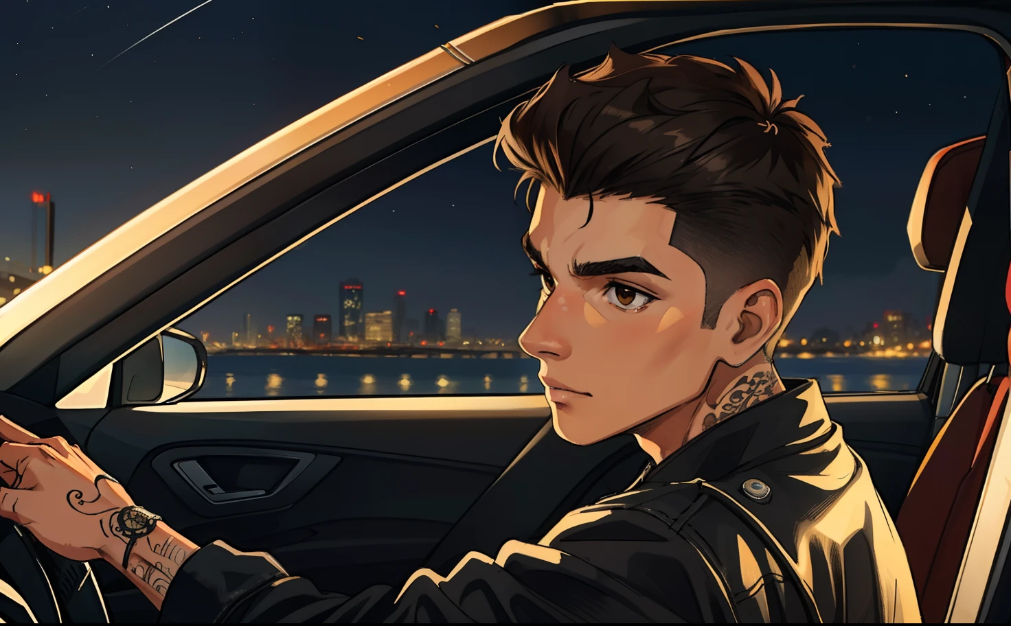 (obra-prima, melhor qualidade), detalhes intrincados, 8k, art-station, papel de parede, Arte Oficial, Arte Splash, foco nítido,
1 manly boy, driving a car, short hair shaved on the sides, black hair, light brown skin tone, brown eyes, soft smile expression, looking to the side, a punk leather jacket, neck tattoo, short black hair, road in the background, by Night, shaved hair on the sides