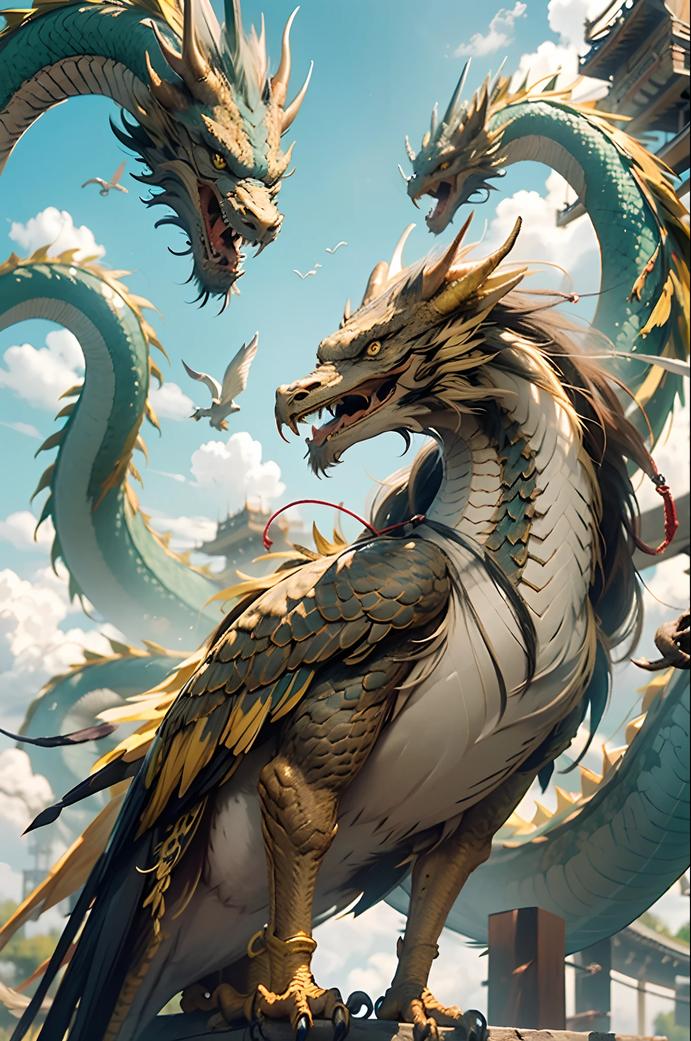 Best quality at best，tmasterpiece，超高分辨率，without humans，（The long：1.2），Skysky，yellow eyes，​​clouds，Dragon head plus bird body，yellow-eyed，Open-mouthed，White feathers, Yellow feathers, red feathers，surrounded by cloud，Open your mouth and roar，There are no humans, No Man，Dragon head plus bird body，upper sky，Fierce，tosen，Deterrence，The sense of sacredness，The body of a bird，fengwei，fly，Faucet head