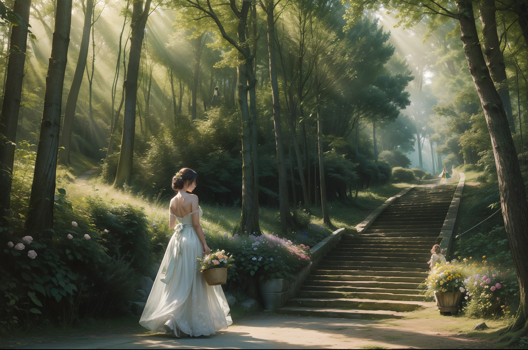 Back view of a girl ascending an slight slope through a forest. She holds a basket of flowers. Conservative dressed. Hair on the wind. Rays of light filtering through the trees. Green trees intertwin their branches over the path. Bushes and some flowery plants under the trees. Colourful image. Highly detailed. Ray traicing.