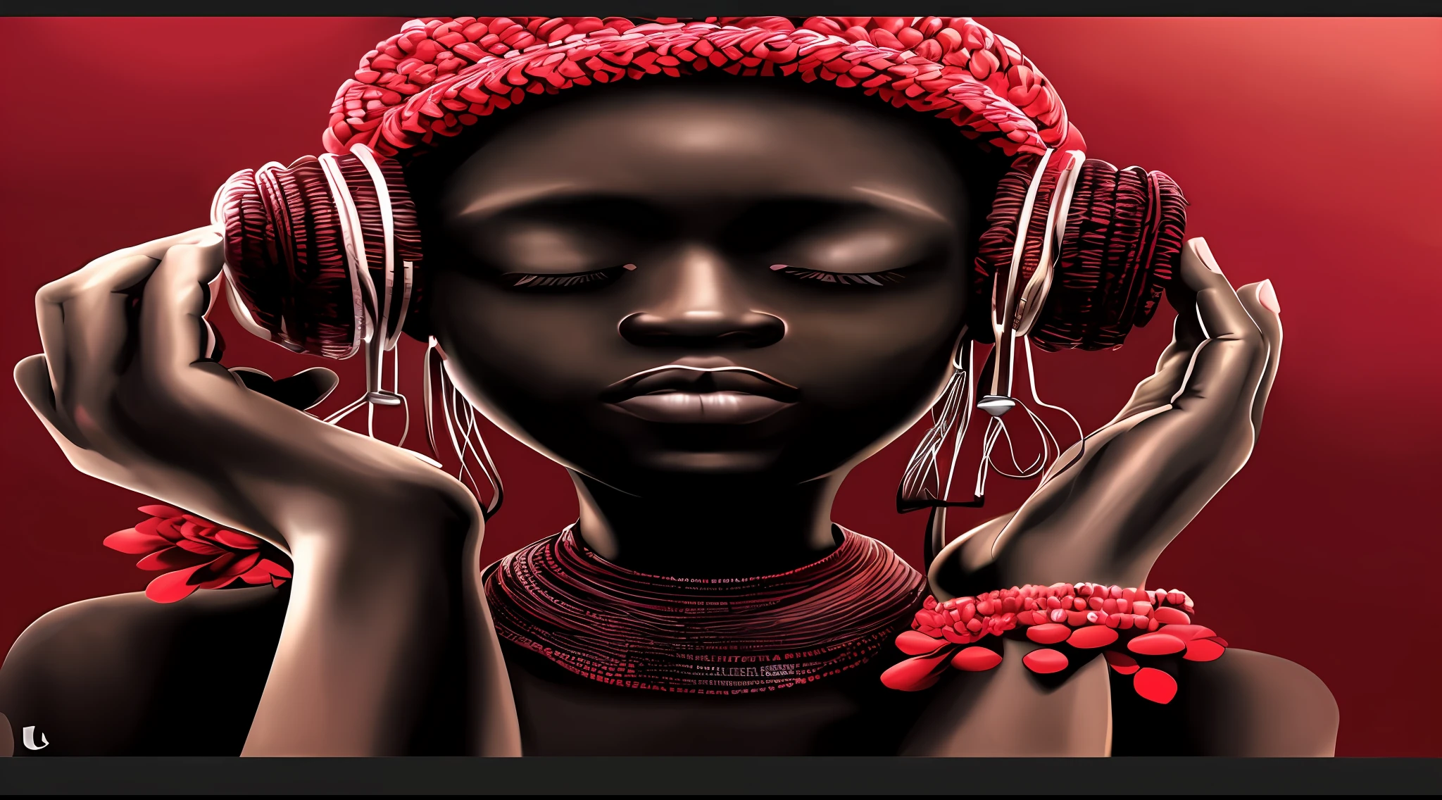 Painting of a woman with headphones and jewelry on her neck, obras de arte impressionantes, atmosfera vermelha tribal, beautiful artwork, mistura entre tribal e hi-tech, Artes Africanas, Afrofuturista, bela arte digital, Arte Digital - W 0, tons vibrantes, incrivelmente bonito, afrofuturista, tons de vermelho e preto, afrofuturismo, arte de alta qualidade, afro tecnologia, mulher africana