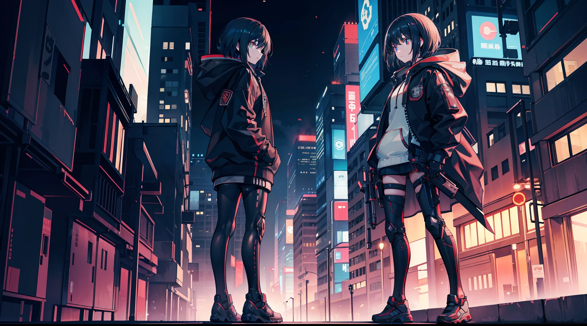 s girl,Mechanical body,Hooded sweatshirt,with short black hair,Long knives,rifles,with light glowing,metalictexture,Rich in detail,City of Steel,cyber punk perssonage,Staggered buildings,the street lights,Parallel perspective