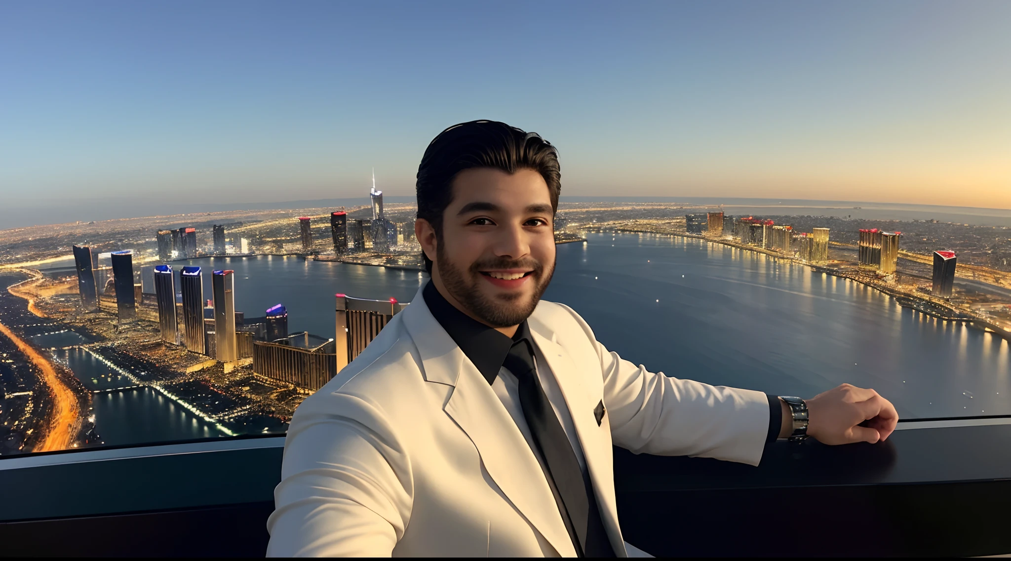 I draw for myself a man who is the embodiment of Success The personification of wealth, um homem de sucesso com roupas caras, carros caros, cercado de coisas caras, Maybe with a mansion in the background, talvez com a vista da cidade de Dubai ao fundo, maybe with the view of New York or maybe with the view from the top of the Burj Khalifa This man is extremely successful This man is extremely rich and he is. extremely happy he is a chubby, brasileiro barbudo, com um rosto bonito, um sorriso bonito e tem 36 anos e usa roupas caras, but matching the environment in some photos He's in an executive outfit, In other photos he is in a more relaxed way, mas sempre extremamente chique, extremamente bonito e extremamente bem cuidado. em Las Vegas, a noite ceu muito estrelado lua cheia las vegas , panorama shot , carros de luxo ao fundo, bela vista panoramica