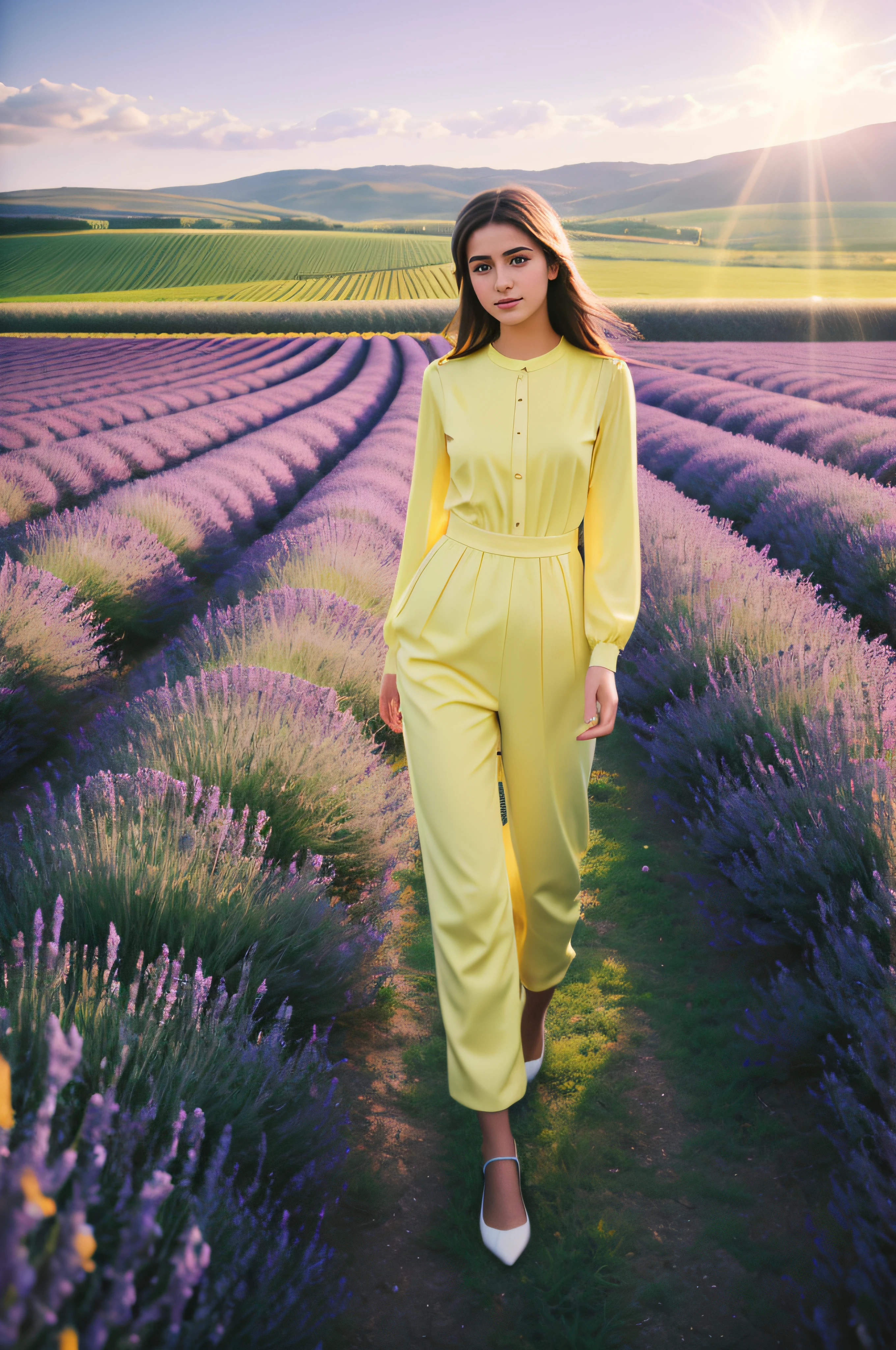 120mm photograph medium format film photography Kodak portra young, Turkish Girl, 22yo, yellow tight outfit, tall woman, beauty, Background lavender field, Joyful, Emphasisers, Muted Colours, Hasselblad, Tyndall effect,outdoor,cloud, Cinematic Lighting,