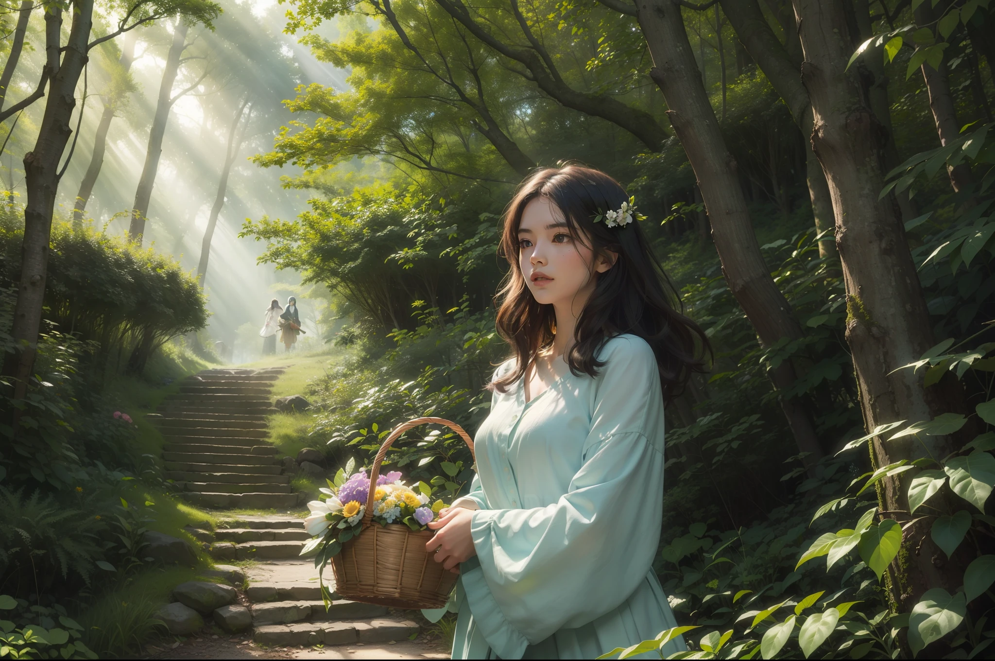 Close up of a girl ascending an slight slope through a forest. She holds a basket of flowers. Hair on the wind. Rays of light filtering through the trees. Green trees intertwin their branches over the path. Bushes and some flowery plants under the trees. Colourful image. Highly detailed. Ray traicing.