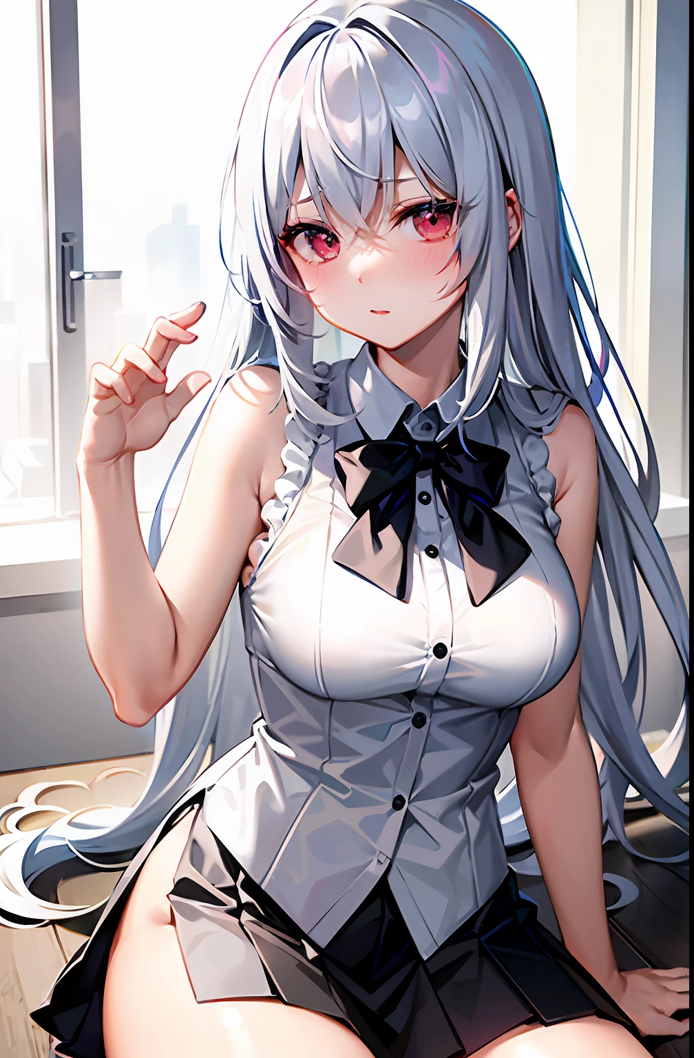 best qualtiy，超高分辨率，1个Giant Breast Girl，sleeveless white button shirt，a black skirt，Black collar，adolable，Kpop idol，Shy fat particles，Platinum blonde hair，Puffy eyes，Red face，Drunken，Flushing of the nose，Colorful hair，Gradient hair，lightblue hair，Topcoat，85mm，sparkle, vignetting, ray tracing, god rays，pantyless。