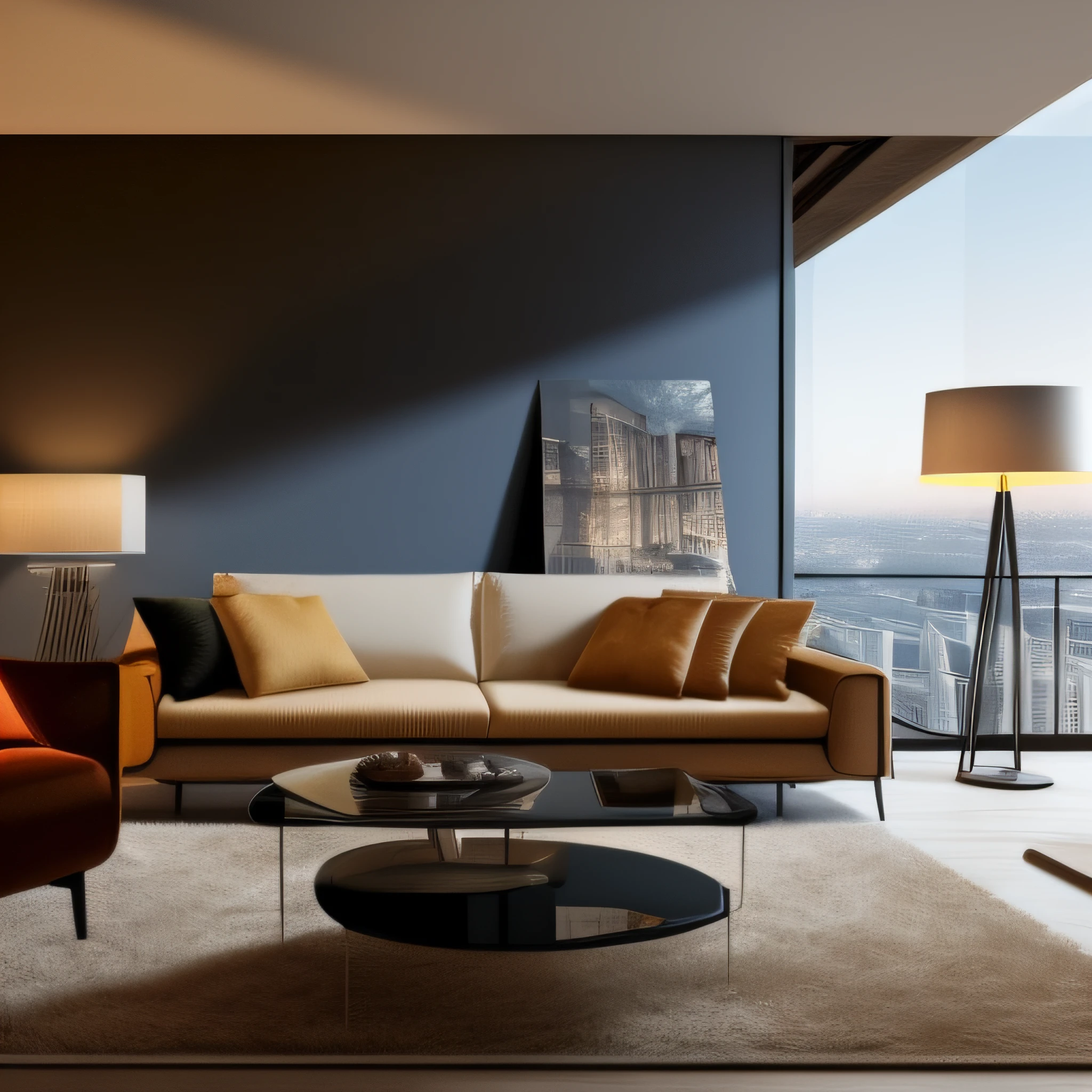 high resolution concept art of an apartment living room overlooking an Italian city with floor to ceiling windows and mid century modern furniture cinematic lighting cgsociety