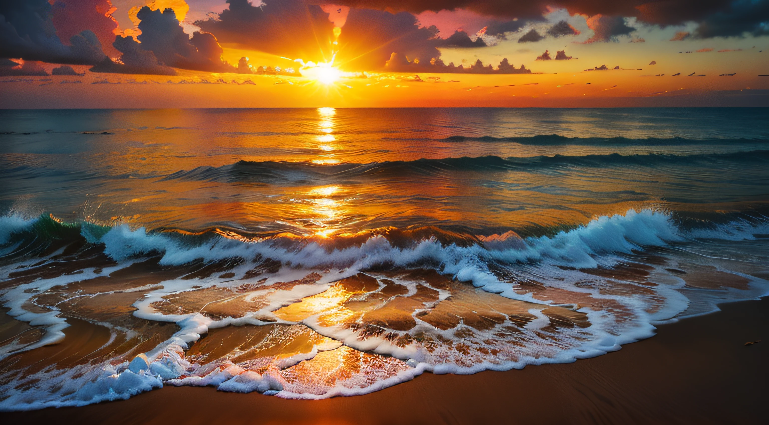 An absolutely mesmerizing sunset over the beach, with a blend of oranges, pinks, and yellows filling the sky. Crystal-clear waters of the sea gently kissing the shore, with sandy white beach stretching far and wide. The scene is dynamic and breathtaking, with seagulls soaring high in the sky and gently swaying palm trees. Take in the calming atmosphere and let the peacefulness wash over you.