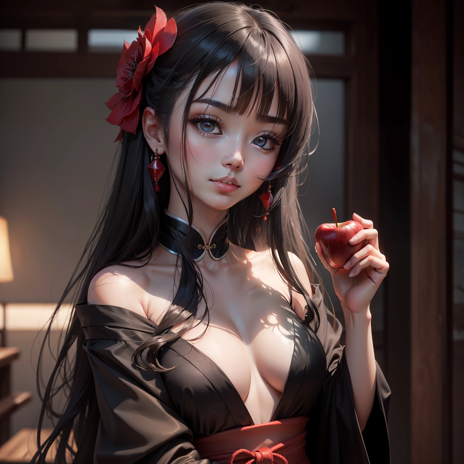 top-quality,Masterpiece,8K,Raw foto,(Photorealsitic:1.25),RAW Photography,shinny skin,超A high resolution,(Depth of subject:1.8),a beauty girl,Black mysterious long hair,Lashes,二重まぶた,Glossy black kimono,Red band,Holding an apple candy in his right hand