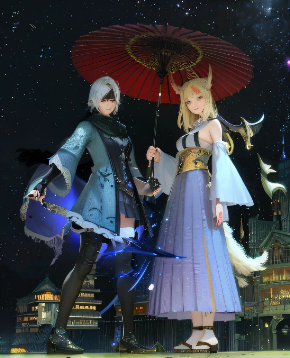 Two people stood in front of the building with umbrellas, lunar themed attire, final fantasy 14 style, ffxiv, medium shot of two characters, final fantasy 1 4, clothes themed on a peacock mage, Final Fantasy XIV, ffxiv heavensward, final fantasy 1 2 style, final fantasy 14 sharp, final fantasy 1 4 screenshot