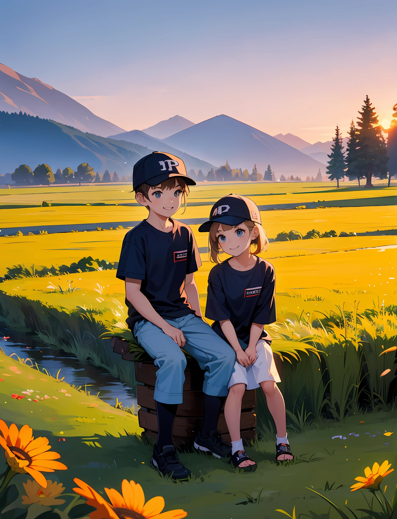 A happy ********** and ***********，Dressed in casual attire，With a baseball cap，Sit on the rocks of the meadow，The background is the village，Sunset and sunset，Face the camera，Full body photo，Ultra-high definition