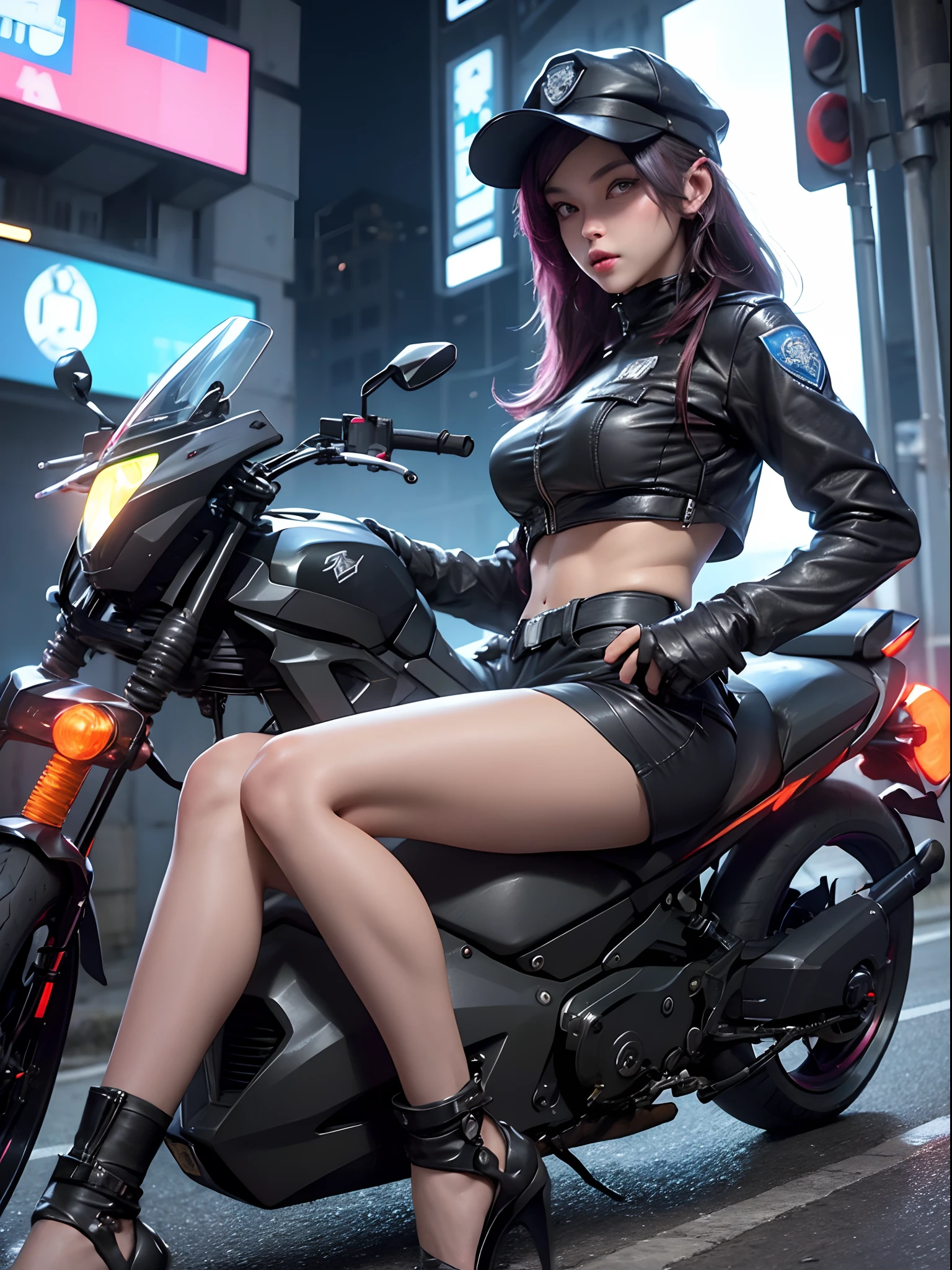 Beautiful woman medium hair, wearing cap, cyberpunk style short clothes, cyberpunk police woman, tomboy, Traffic Police, flying futuristic police motorcycle, police hovercycle patrol, night, neons