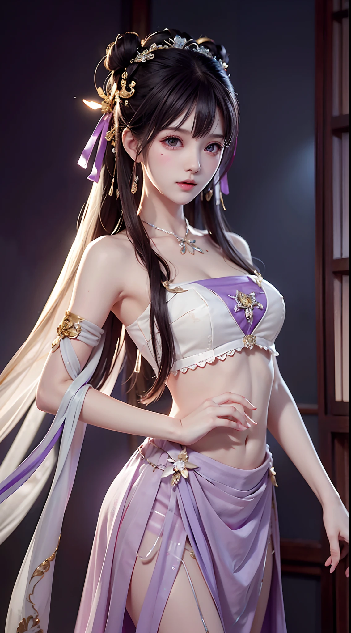 Bust photo, a beautiful woman, messy hair, girly, symmetrical bun, hair accessories, jewelry, delicate face, eye shadow, purple top, purple, purple, crop navel, purple long skirt, Dunhuang style, delicate embroidery, silver decoration, silver streamer, white streamer, light blue streamer, delicate skin, soft light effect, delicate and smooth hair, delicate details, eye highlights, fair skin, fine portrayal, extreme details, cinematic quality, thin, slender, broken, hair details, thin bangs, shawl hair, right body, shadow, air bangs, 8K, super fine, fine fabric texture, soft, smooth, smooth texture, Dunhuang style, delicate pattern, correct hand painting, anatomy correct, accurate, night, dark night, lighting, Tyndall effect, ray tracing, HUD,