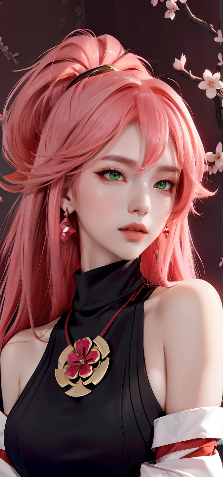 (Masterpiece, Excellent, 1girl, solo, complex details, color difference), realism, ((medium breath)), off-the-shoulders, big breasts, sexy, Yae Miko, long pink hair, red headdress, red highlight, hair above one eye, green eyes, earrings, sharp eyes, perfectly symmetrical figure, choker, neon shirt, open jacket, turtleneck sweater, against the wall, brick wall, graffiti, dim lighting, alley, looking at the audience, ((mean, seductive, charming)), ((cherry blossom background ))),((Japanese temple background)))), (((Glow-in-the-dark background)))