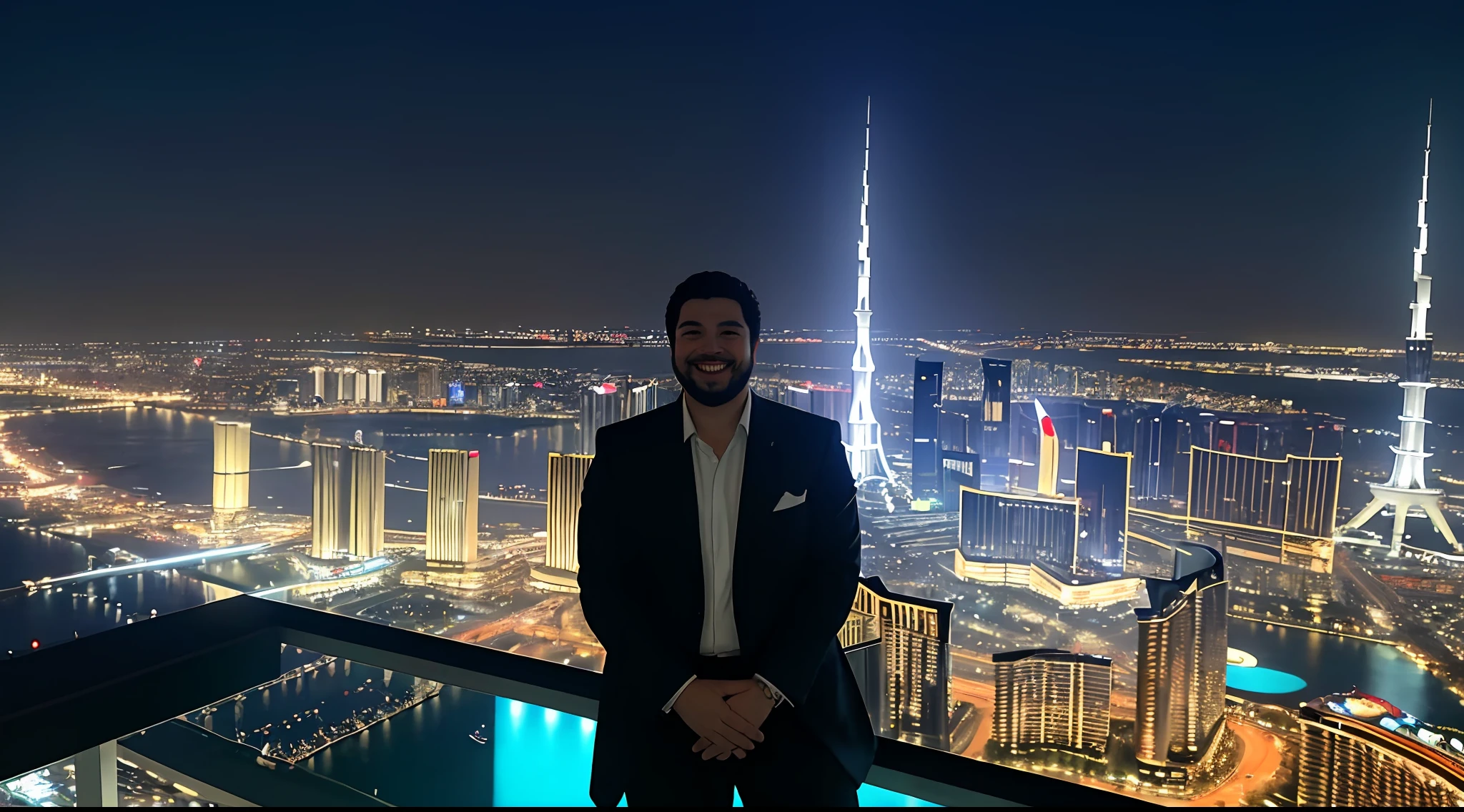 I draw for myself a man who is the embodiment of Success The personification of wealth, um homem de sucesso com roupas caras, carros caros, cercado de coisas caras, Maybe with a mansion in the background, talvez com a vista da cidade de Dubai ao fundo, maybe with the view of New York or maybe with the view from the top of the Burj Khalifa This man is extremely successful This man is extremely rich and he is. extremely happy he is a chubby, brasileiro barbudo, com um rosto bonito, um sorriso bonito e tem 36 anos e usa roupas caras, but matching the environment in some photos He's in an executive outfit, In other photos he is in a more relaxed way, mas sempre extremamente chique, extremamente bonito e extremamente bem cuidado. em Las Vegas, a noite ceu muito estrelado lua cheia las vegas , panorama shot , carros de luxo ao fundo, bela vista panoramica