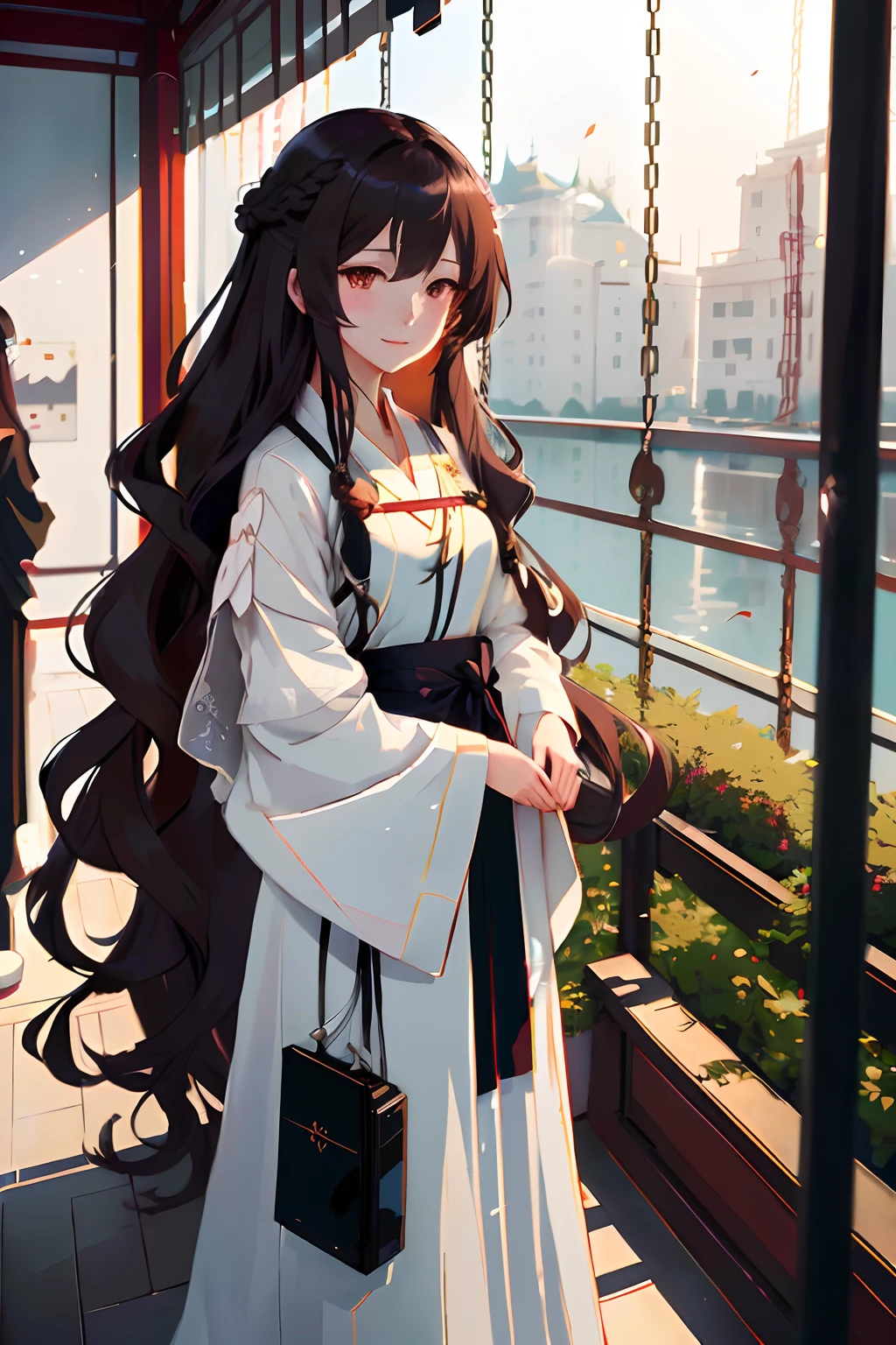 Anime girl in long hair and white dress standing on balcony, flowing hair and long robes, Anime girl with long hair, Digital anime illustration, Guviz-style artwork, Kantai collection style, Beautiful anime style, ilya kuvshinov with long hair, Palace , A girl in Hanfu, Anime style. 8K, Beautiful anime art style Smile