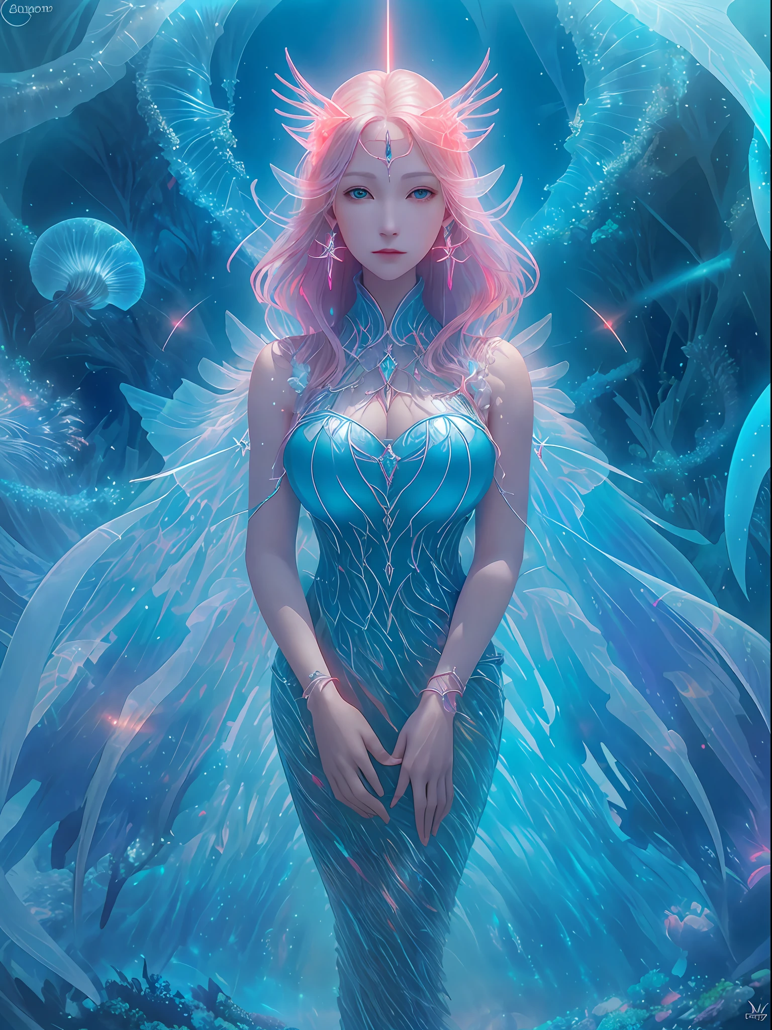 colorful, 1girl, huge breast, hands on own breast, breast focus, Ocean Forest, City, Fantastic Fantasy, red Glowing Plants, Coral Viaduct, (Swarm of Glowing Jellyfish), (Shoal of Fish with Transparent Wings Flying in the Sky), Misty, Morning Light, Epic Composition, shinny,
