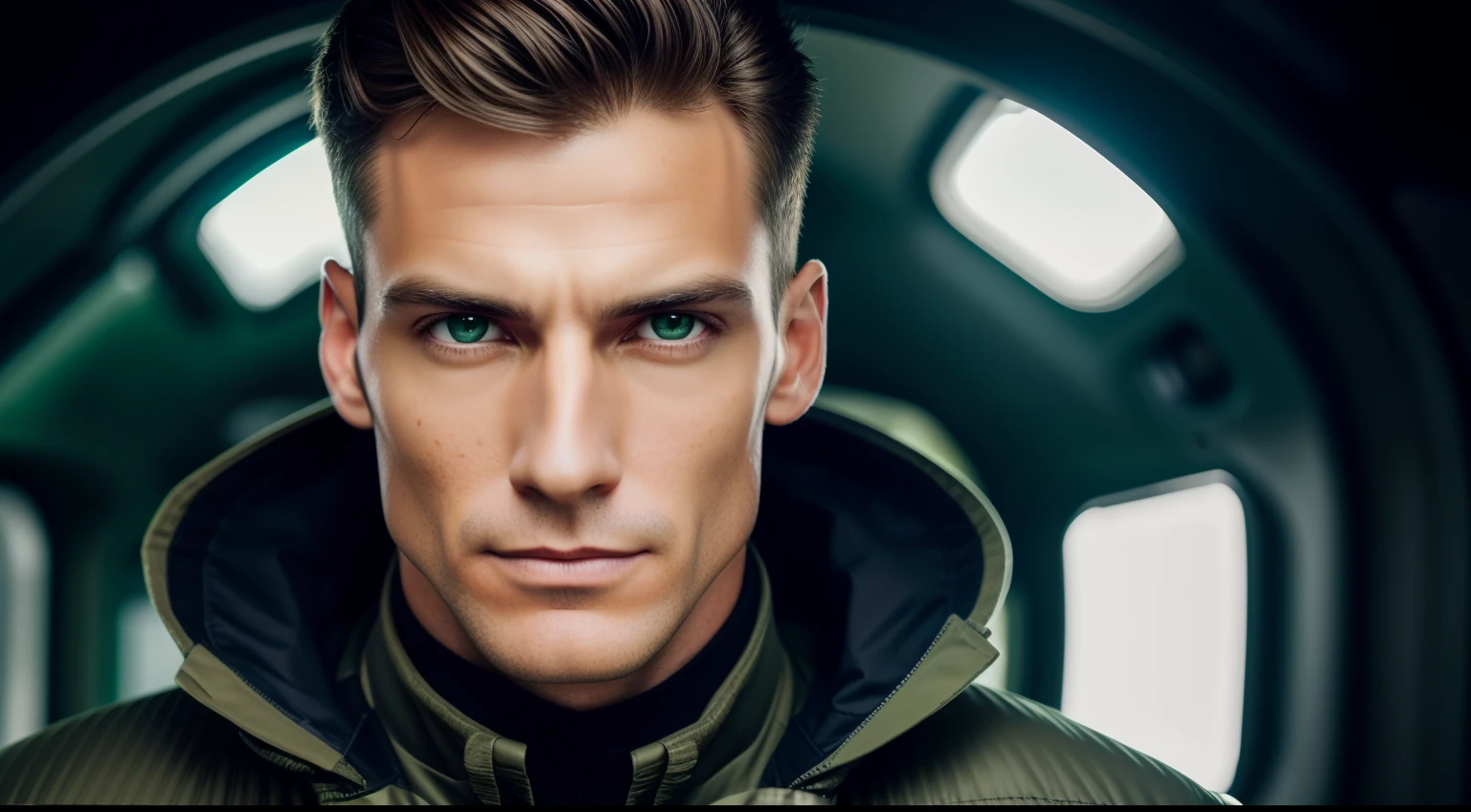 A man with light brown hair, light baldness, light eyebrows, green eyes, a pronounced jaw, cheekbones, freckles, the left eye is missing, instead of the left eye there is an implant, there is no left eye instead of a futuristic implant, a man in a dark green military uniform