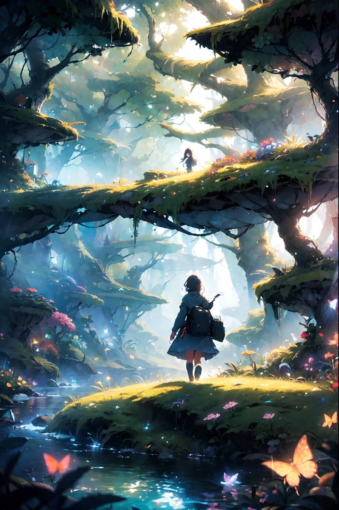 Night time, moon shine, In verdant landscape, where a girl embarks on a journey up a green slope, ((surrounded by the protective canopy of a forest , sea of an colorful glowing flowers, butterflies, fireflies, )) BREAK With deliberate and gentle footsteps, she ascend the steep mountain, yearning to explore the hidden depths of the ancient woodland, as she venture deeper into the heart of the forest, the atmosphere becomes still and unchanging, as if time itself has ceased to move, scene of a girl navigate herself in the motionless labyrinth of the forest,with a sense of tranquility and intrigue that permeates the scene, with vivid color paintingBREAK,Detailed,Realistic,4k highly detailed digital art,octane render, bioluminescent, BREAK 8K resolution concept art, realism,by Mappa studios,masterpiece,best quality,official art,illustration,ligne claire,(cool_color),perfect composition,absurdres, fantasy,focused,rule of third