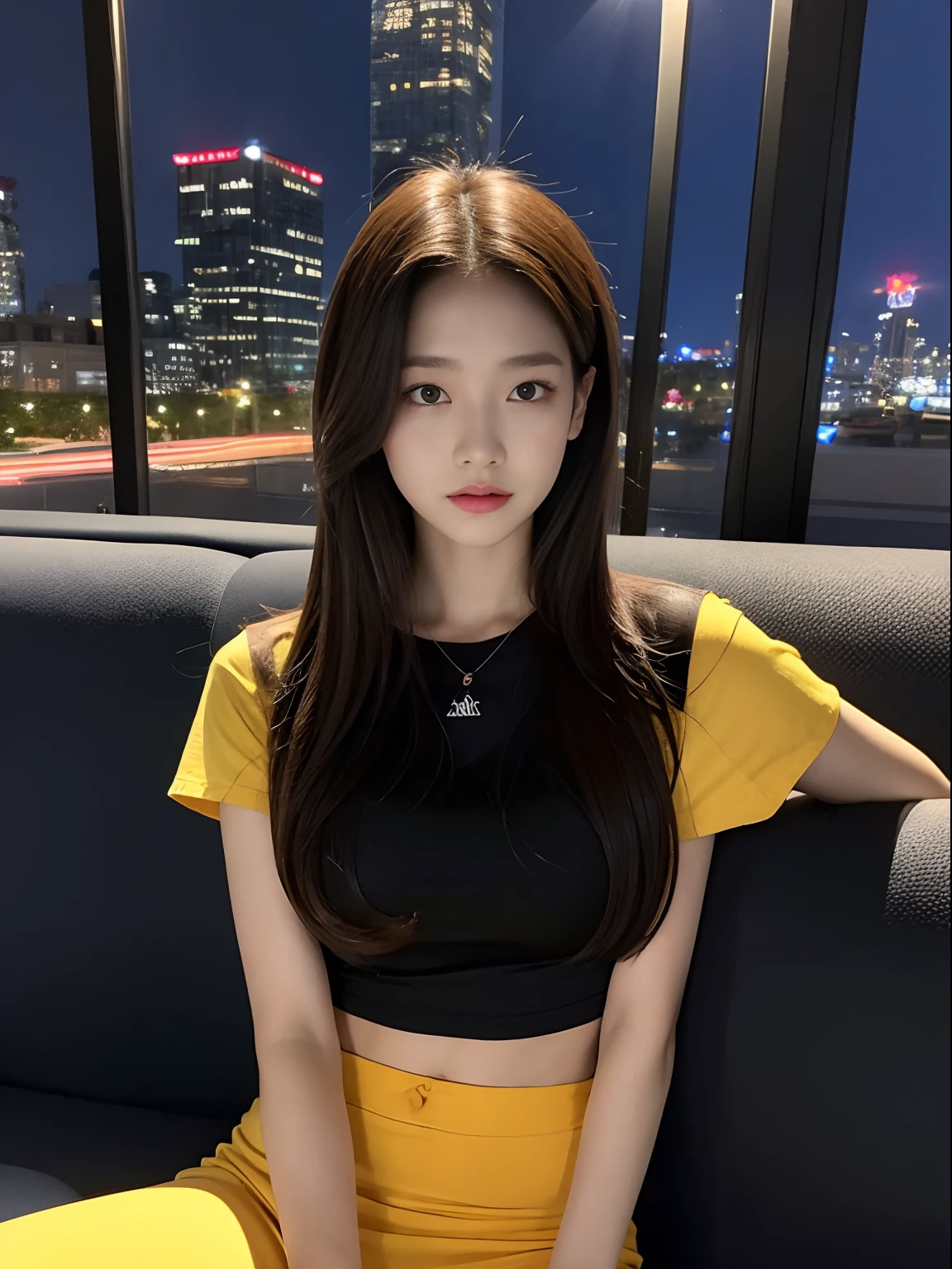 ((midynight, Acura, 8K, tmasterpiece: 1.3)), full bodyesbian, long leges, Focalors: 1.2, perfect figure beautiful woman: 1.4, Slim abs: 1.1, (dark brown hair,: 1.2 )), (Yellow skinny T-shirt, short skirt,sitting in the couch: 1.2), (city night scene, the roof: 1.3)), Highly Detailed Face and Skin Textur, detailedeyes, 二重まぶた,