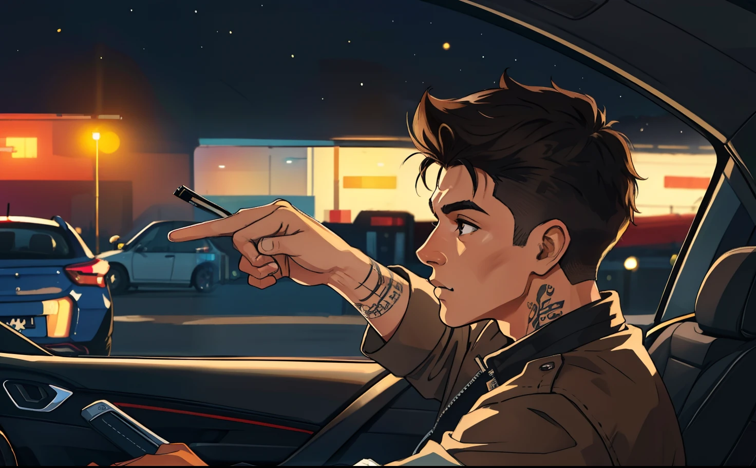 (obra-prima, melhor qualidade), detalhes intrincados, 8k, art-station, papel de parede, Arte Oficial, Arte Splash, foco nítido,
1 manly boy, driving a car, short hair shaved on the sides, black hair, light brown skin tone, brown eyes, soft smile expression, looking to the side, a punk leather jacket, neck tattoo, short black hair, road in the background, by Night, shaved hair on the sides, Impression of driving a car