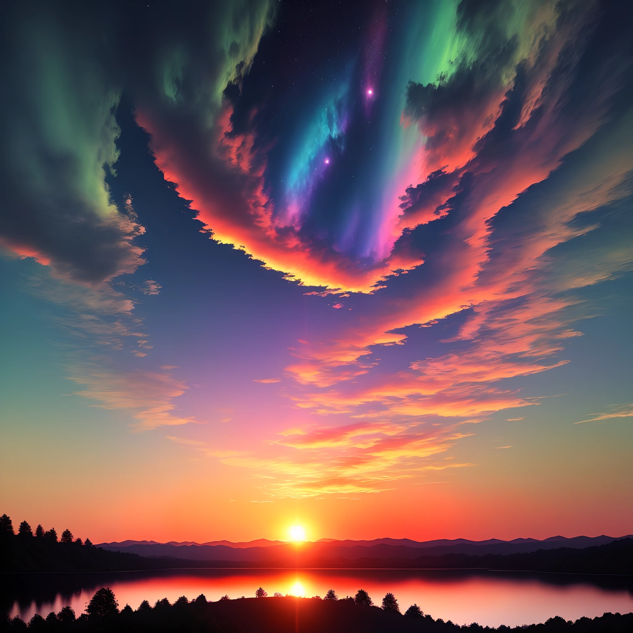 Had a beautiful sunset,Lakes and trees in the background,Colorful sky,Surreal colors,Colorful sunsets,Colorful sky,Marvelous sky reflections,stunning skies,Fantastic atmosphere 8K,Colorful flowing clouds,Color reflection,Amazing sky,outerspace,antigravity,fantasy