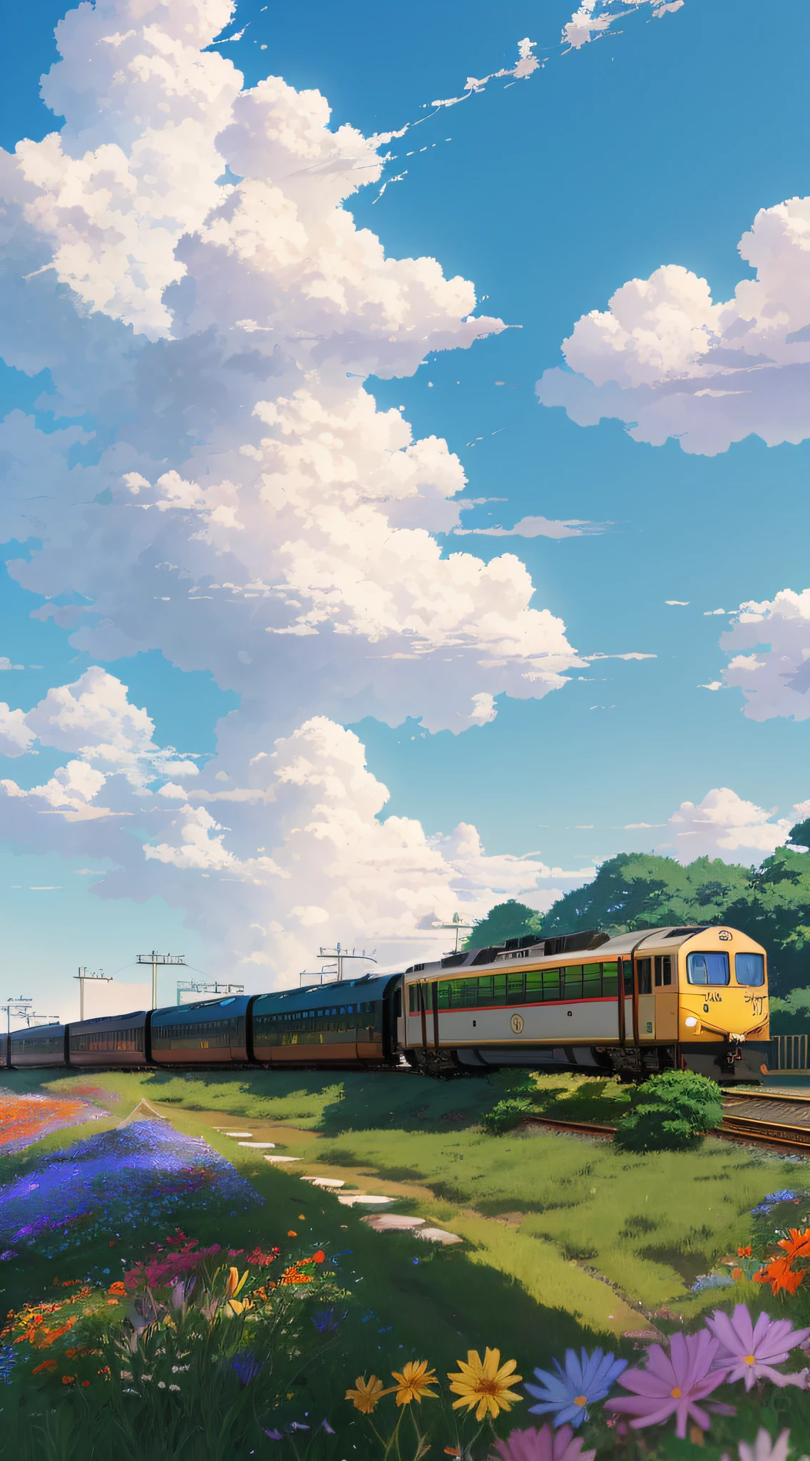 (masterpiece), best quality. corner view of an Anime train on the tracks with a city in the background, bushes, wild flowers, white fluffy clouds in the blue sky, sunny highlighting, Makoto Shinkai style . —h 2160, intricado, insanamente detalhado, digital illustation, pintura digital, cartoon style, anime style, niji style. hdr, 8k