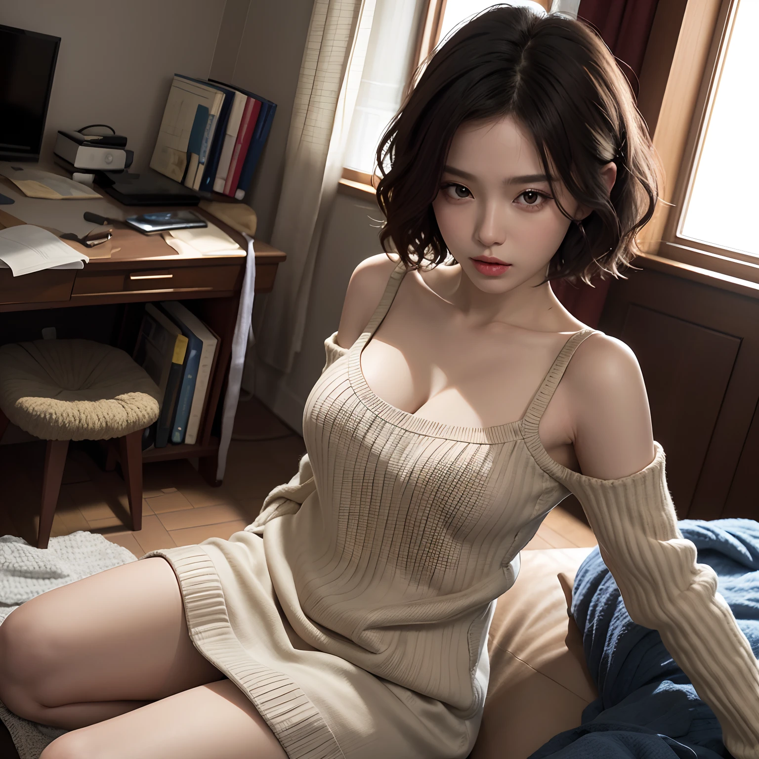 best qualityer,tmasterpiece,超高分辨率,(realisticlying:1.4),
1girll,Short curly hair,Rich in detail, bshoulders,cleavage,knitwear, deep shading, messy rooms, Sit Pose, sitting on object,
