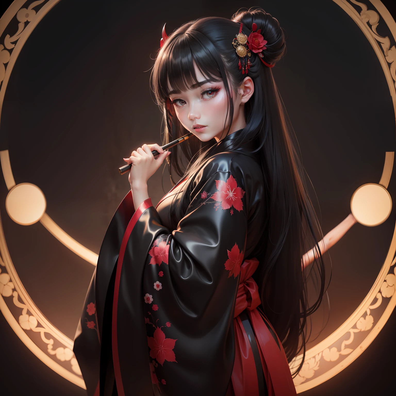 top-quality,Masterpiece,8K,Raw foto,(Photorealsitic:1.25),RAW Photography,shinny skin,a beauty girl,Black mysterious long hair,Lashes,二重まぶた,Glossy black kimono,Red band