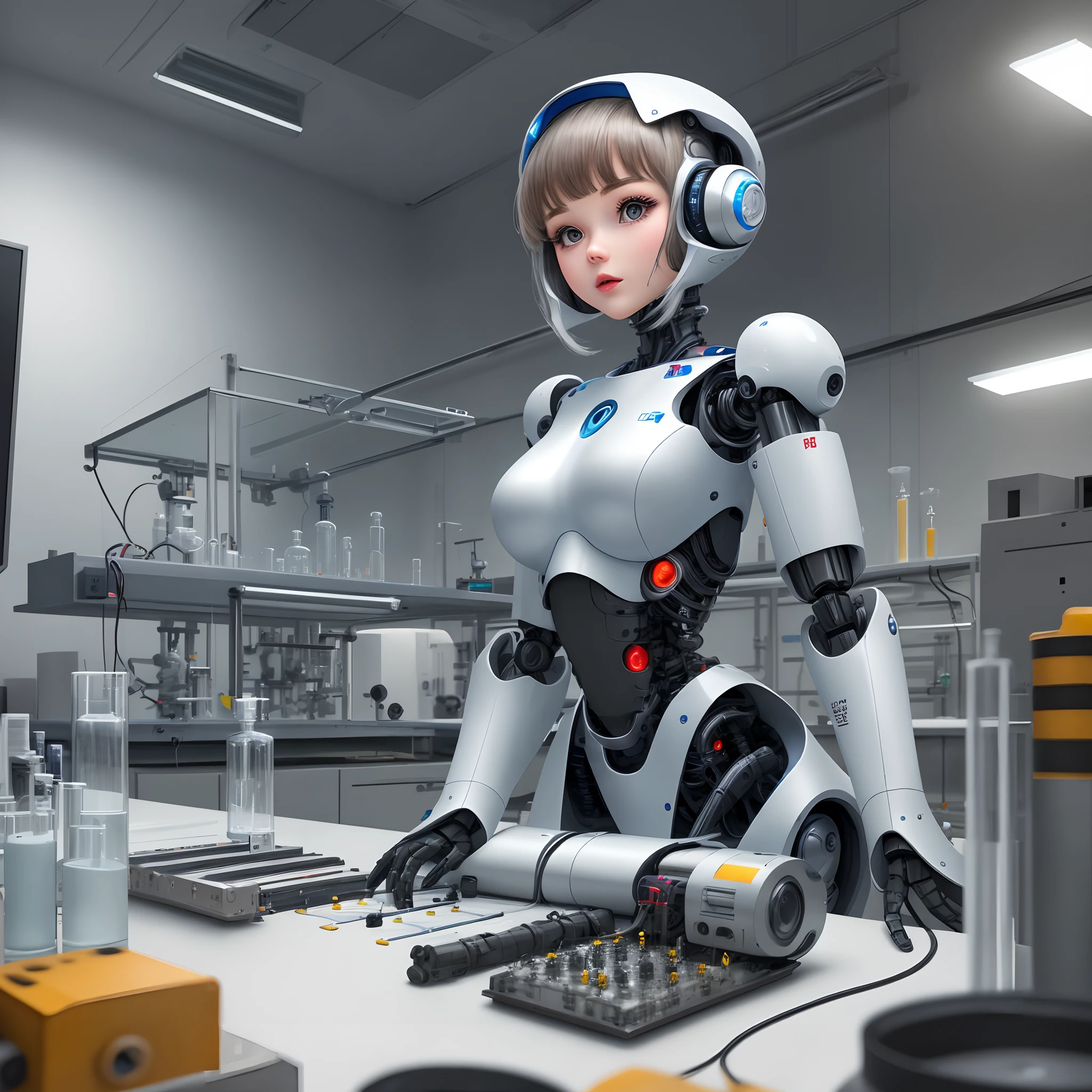 A laboratory room where a beautiful female robot is being built