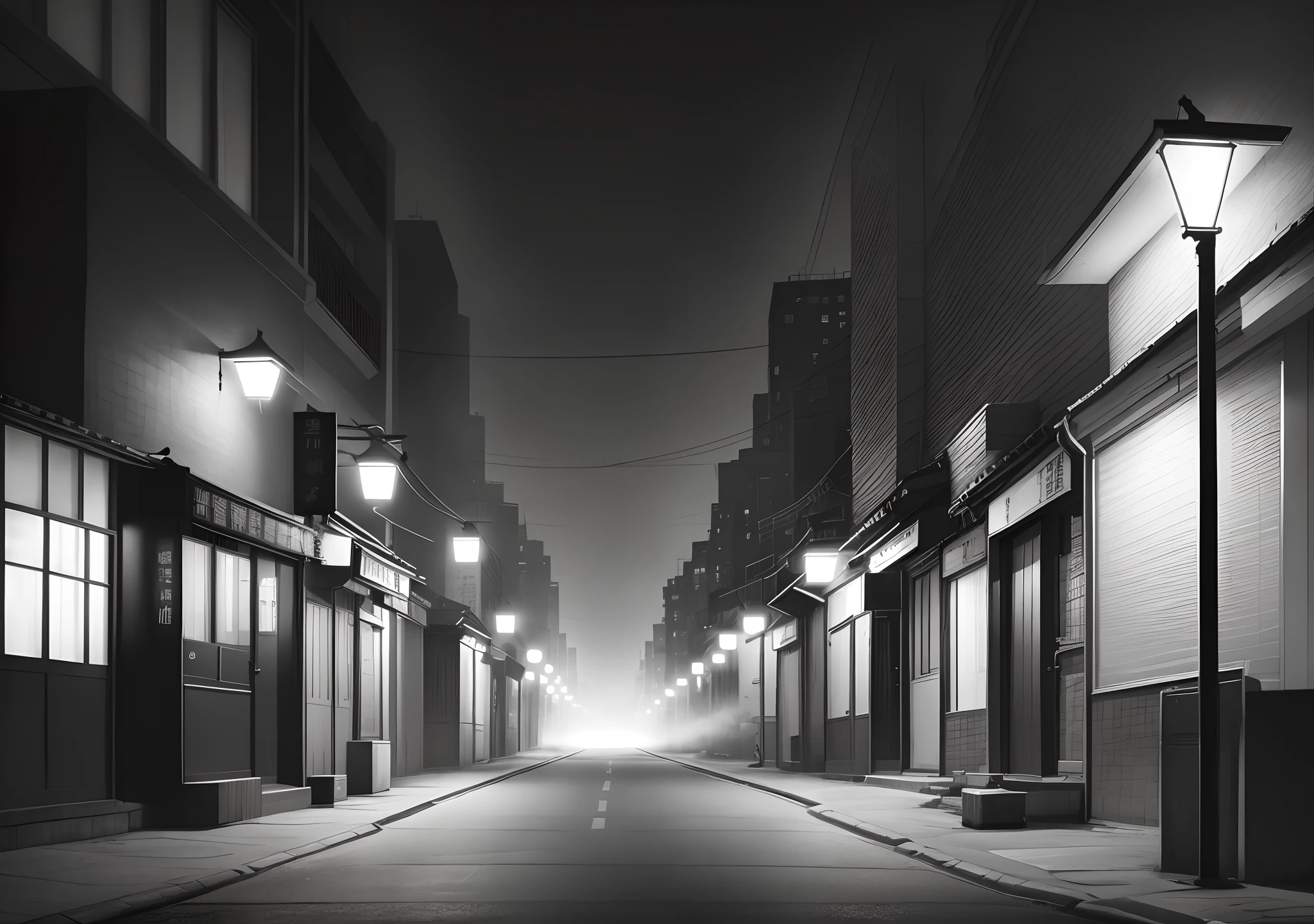 Late at night, uninhabited streets stretch into the distance，Be in the center of the frame。It is lined with buildings of varying heights，Fog shrouded，Several dark shadows loomed in the shadows