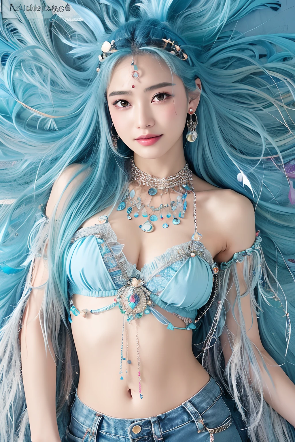(extra detailed body、extra detailed face、best qualtiy:1.2)、femele、looking at the viewers、(lightblue hair、Flashy clothes、ars、A smile、Feather piercings down to below the shoulders、hippy、hair adornments、Fancy Necklaces、bell-bottoms)、(woodstock:1.4)