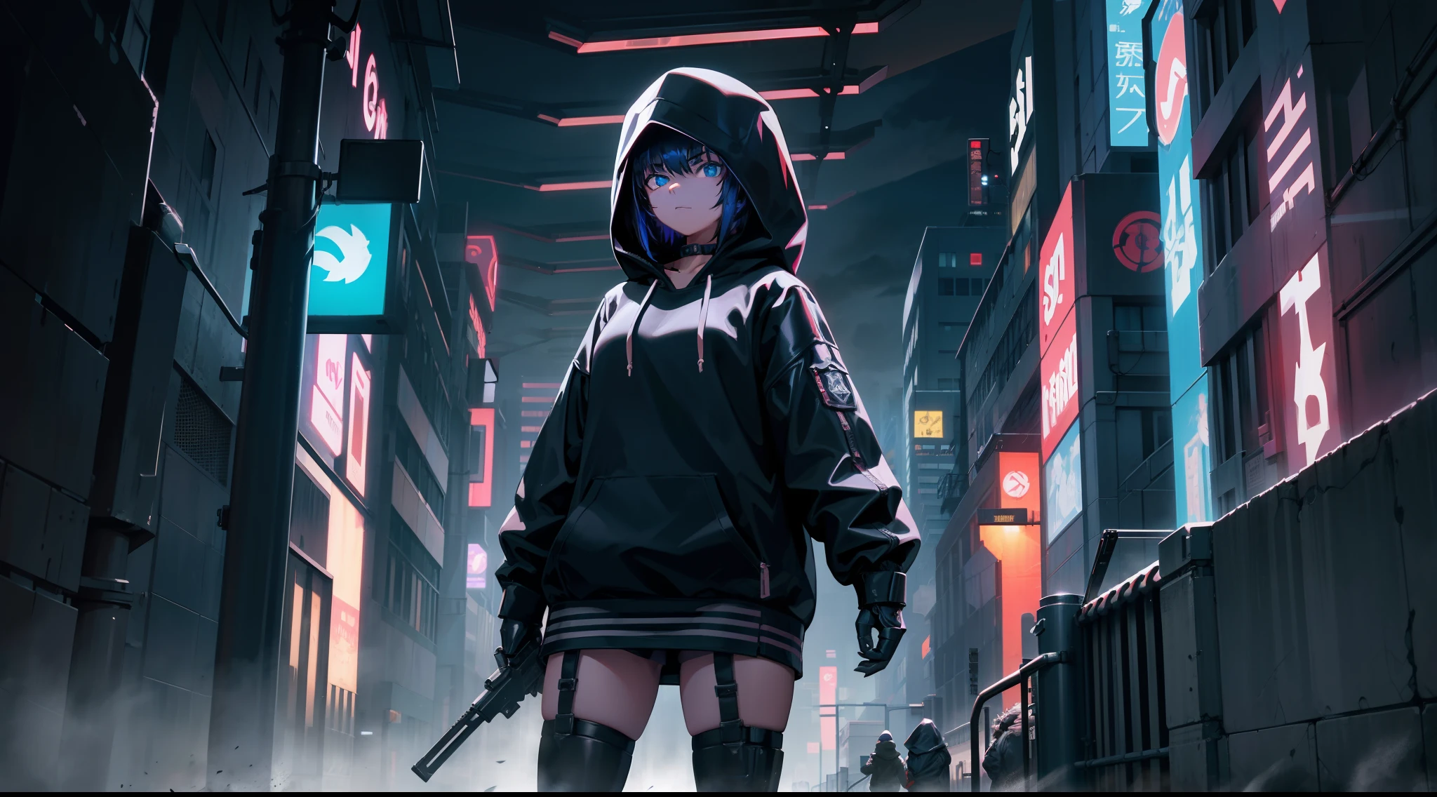 teens girl，Mechanical body，Hooded sweatshirt，with short black hair，Long knives，rifles，with light glowing，metalictexture，Rich in detail，City of Steel，cyber punk perssonage，Staggered buildings，the street lights，Parallel perspective