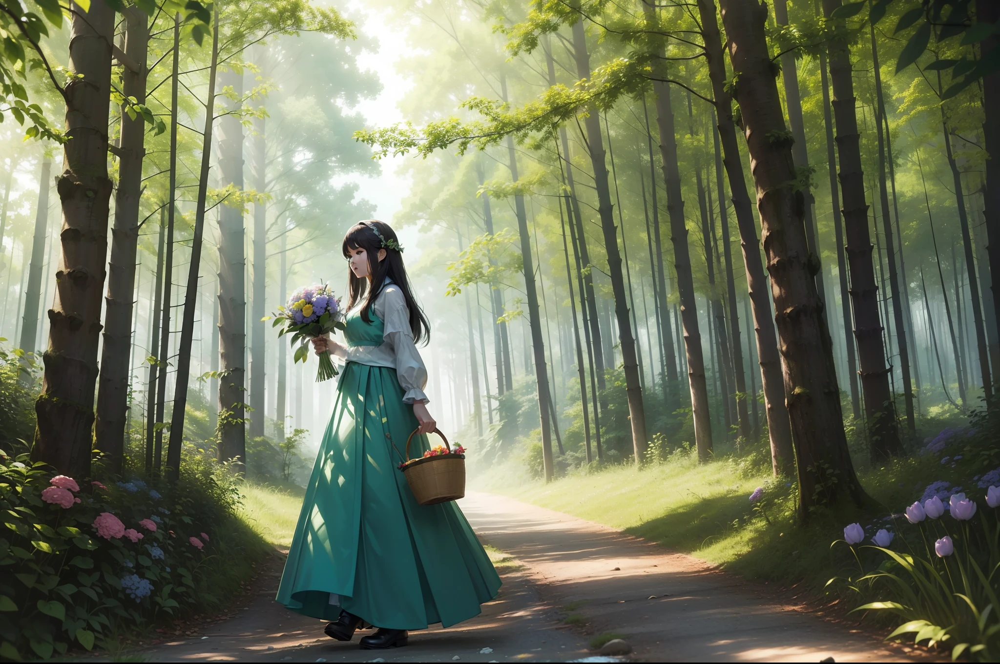 A girl walking along an ascedent path through a forest. She holds a basket of flowers. Conservative dressed. Hair on the wind. Rays of light filtering through the trees. Green trees intertwin their branches over the path. Bushes and some flowery plants under the trees. Happy palette of colours. Highly detailed. Ray traicing.