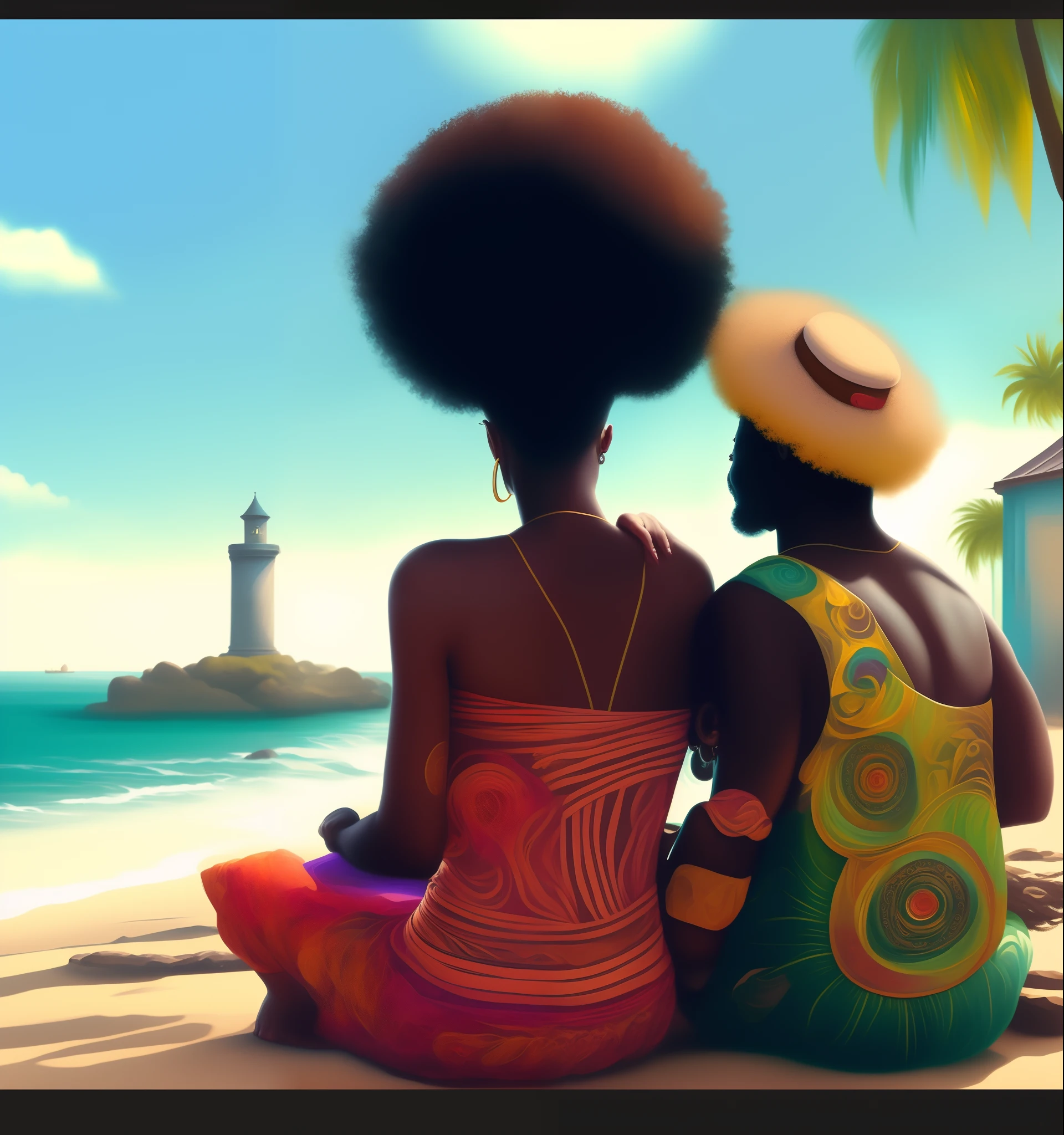 pintura de um casal homem musculoso e mulher sentado na praia olhando pora o oceano, stylized digital illustration, Futurismo Afro, bela arte digital, Arte digital estilizada, Afrofuturista, Beautiful digital illustration, estilo de arte impressionante, beautiful artwork, Bela pintura de amigos, Jen Bartel, magia negra, Pintura digital vibrante, afro, lindo pintura digital, por, Digital painting nice