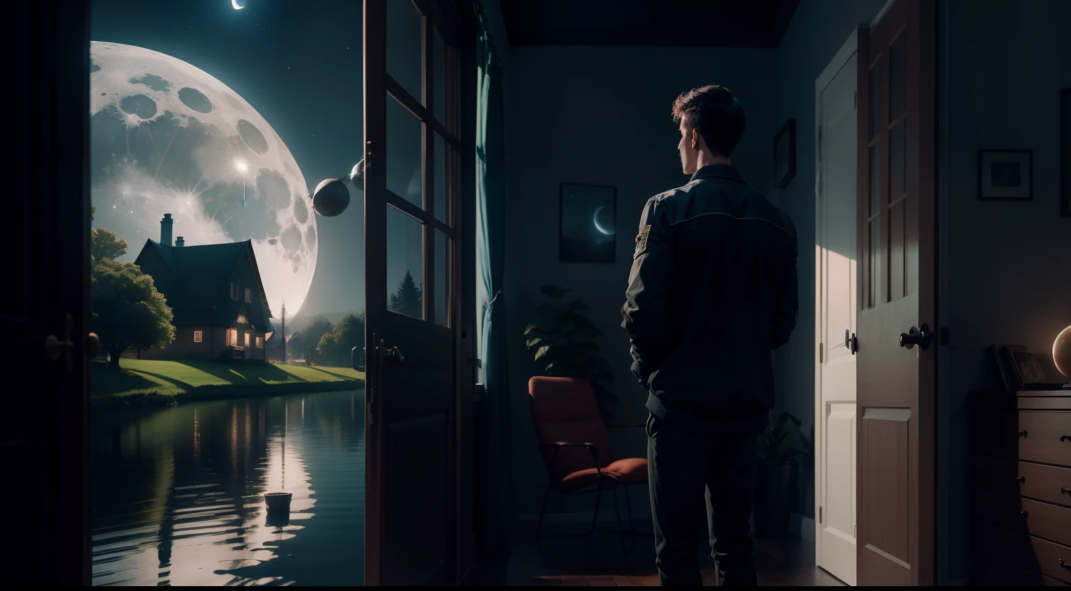 A young man standing in his house looking at the moon near a cinematic river,8k.