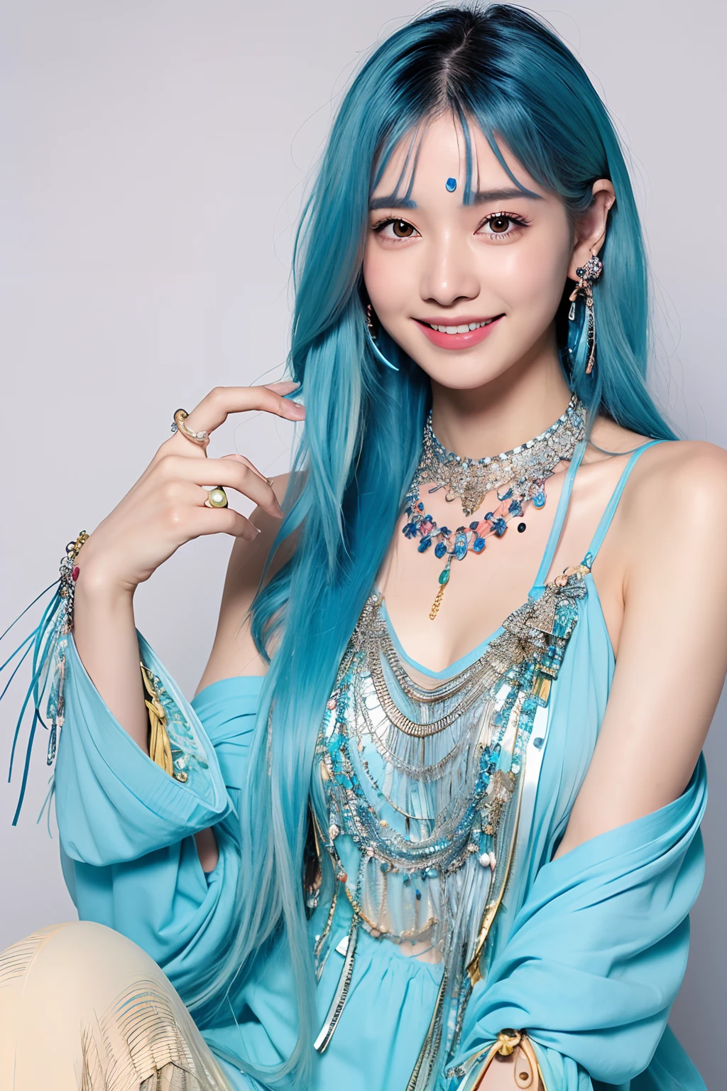 (extra detailed body、extra detailed face、best qualtiy:1.2)、femele、looking at the viewers、(lightblue hair、Flashy clothes、13years、A smile、Feather piercings down to below the shoulders、hippy、hair adornments、Fancy Necklaces、bell-bottoms)、(woodstock:1.4)